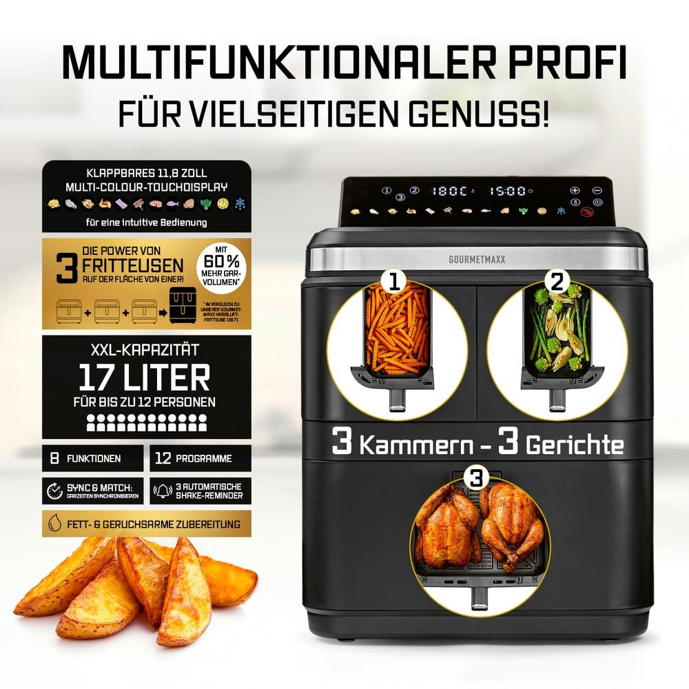 GOURMETmaxx Heißluftfritteuse GOURMETmaxx Heißluft-Fritteuse 3000W LB8 schwarz/Edelstahl 17l 3 Frittierkammern, 3000 W, Heissluftfritteuse mit LED-Klapp-Touchdisplay - Air Fryer 12 Personen