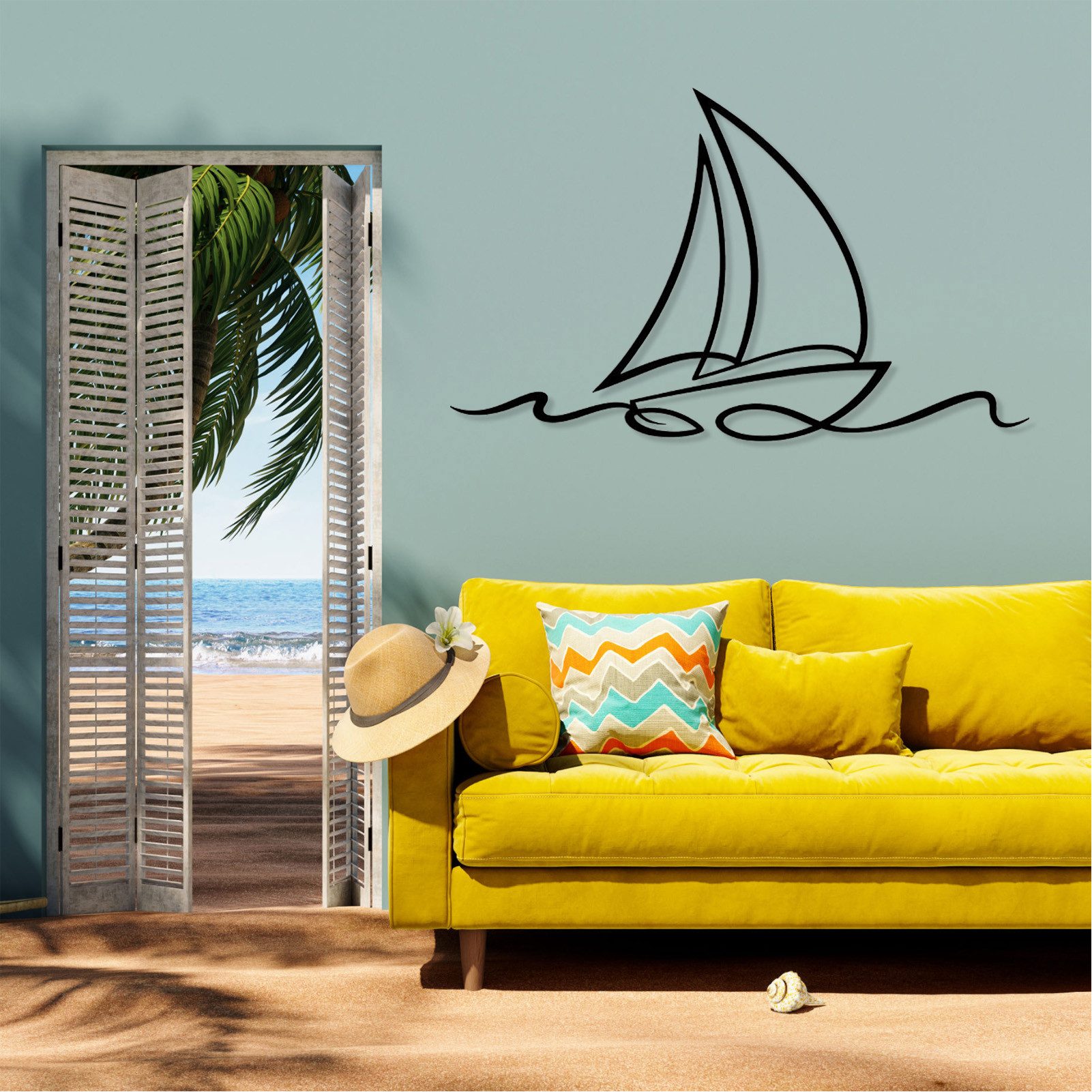 Jumpeak Wanddekoobjekt Metall Wandbild Segelboot, Wellen, Meer, Nautik Deko, Strichkunst, Metall, 4 Farben, 3 Größen, Wanddekoration für das Wohnzimmer,Freiheit