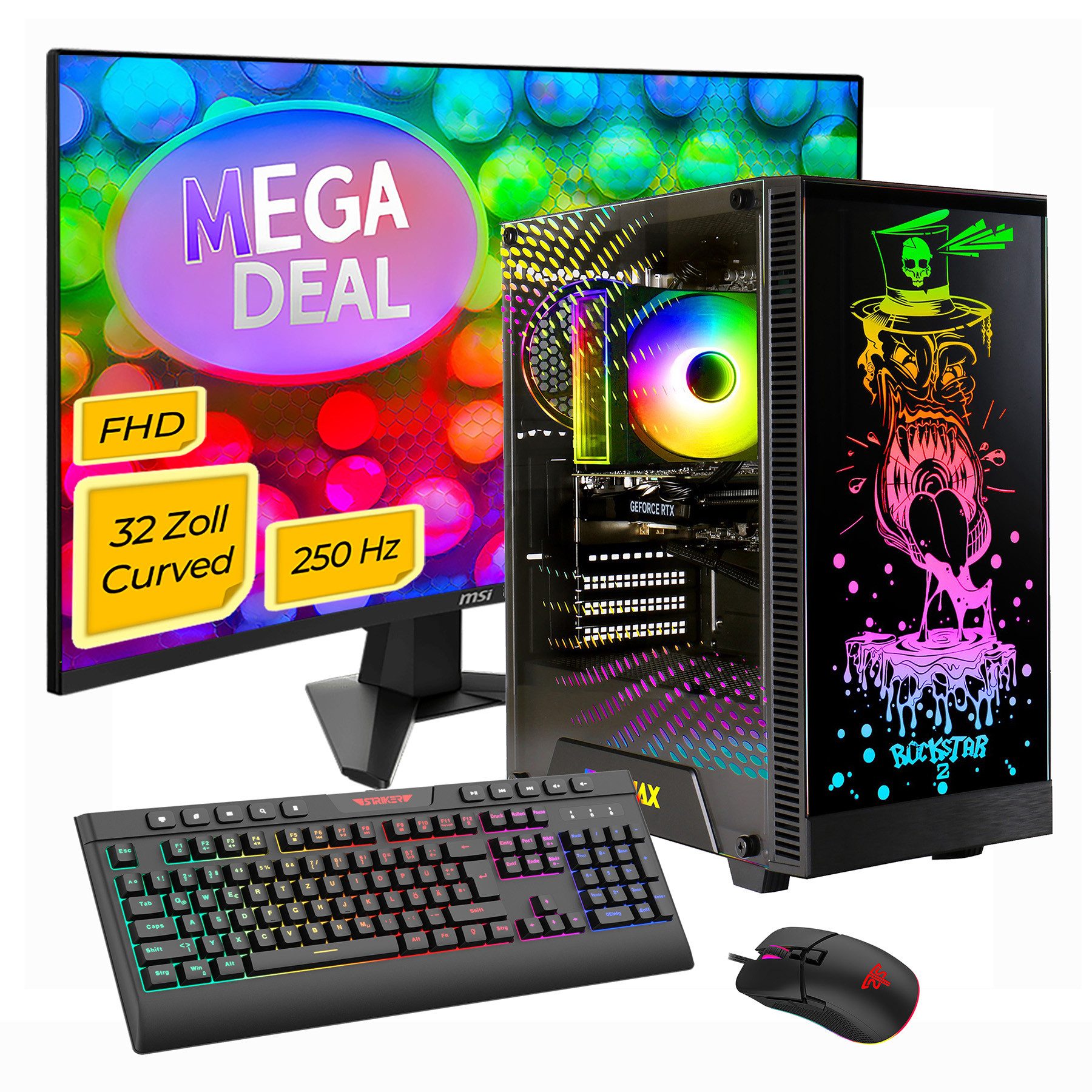 GAMEMAX MegaDeal Rockstar 2730 AMD Ryzen 5 5500 16GB 480GB SSD RTX 5060 Gaming-PC-Komplettsystem (32", AMD Ryzen 7 5700X, RTX 5060, 16 GB RAM, 480 GB SSD, Windows 11 + MSI MAG 32C6X Gaming Monitor, Curved 80cm (32)