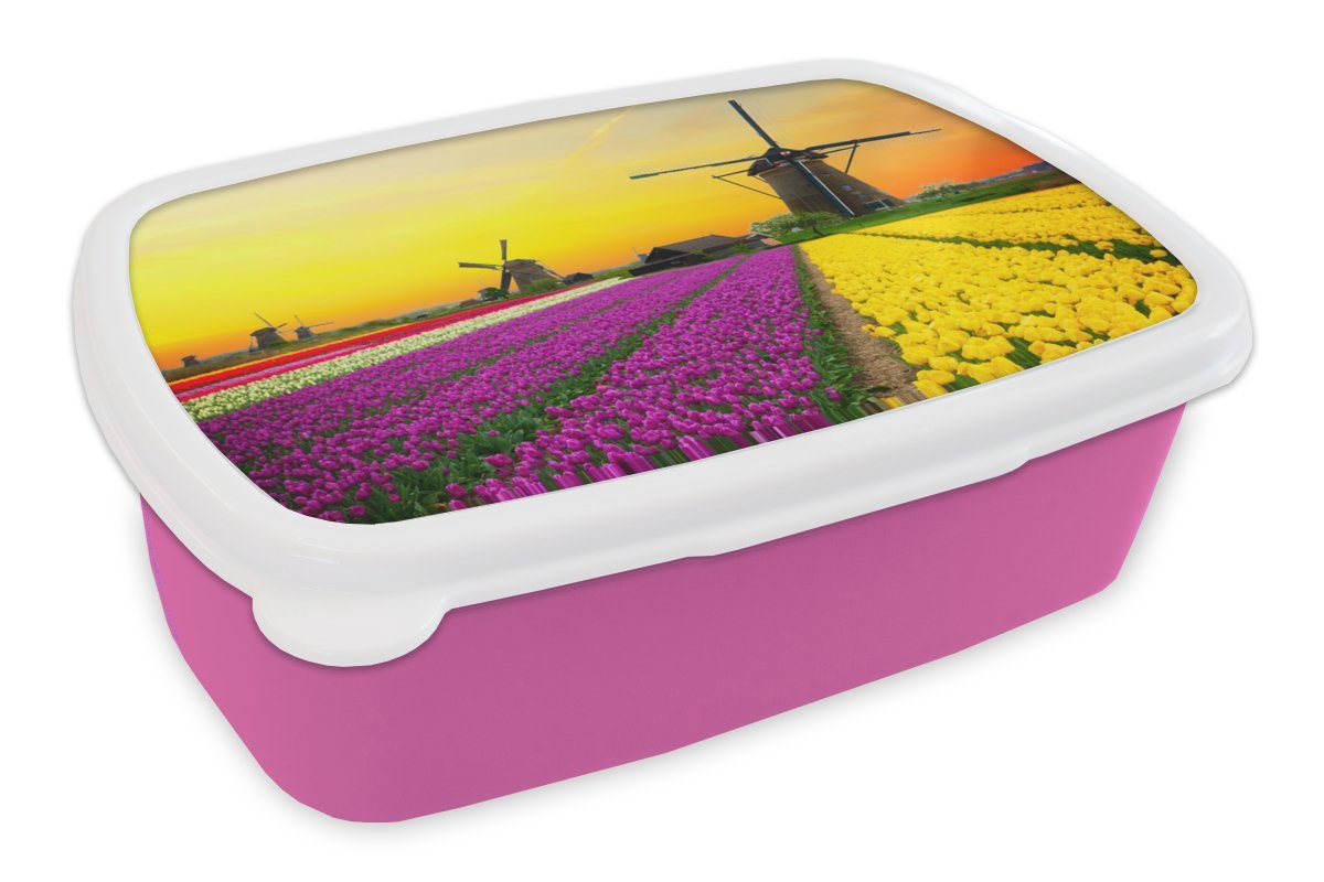 MuchoWow Lunchbox Windmühle - Tulpen - Blumen - Frühling, Kunststoff, (2-tlg), Brotbox für Erwachsene, Brotdose Kinder, Snackbox, Mädchen, Kunststoff rosa