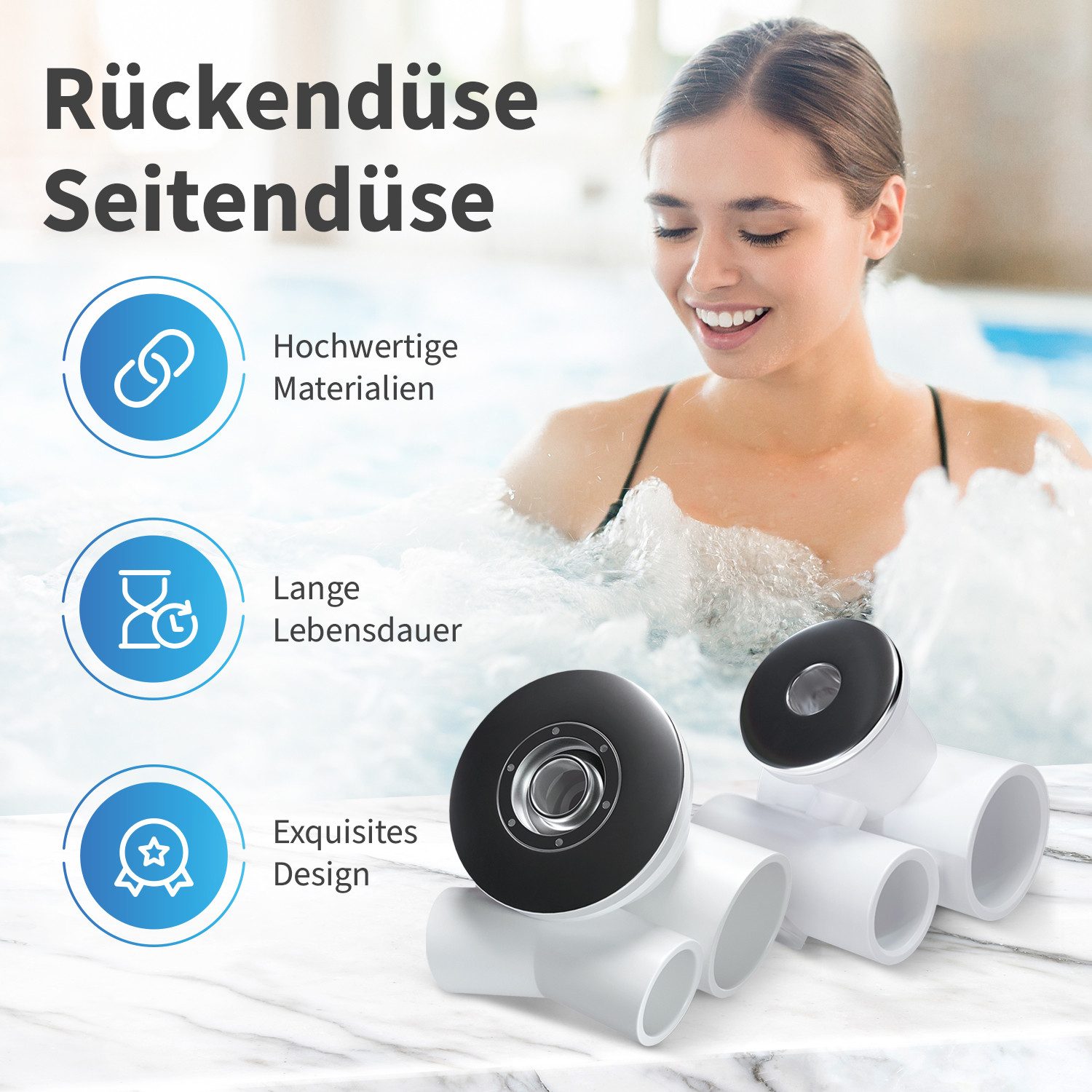 AQUADE Badewannenaufsatz Bausatz Set 8 Seiten- und Rückendüsen Pumpe Schlauch Luftregler, für Whirlpool