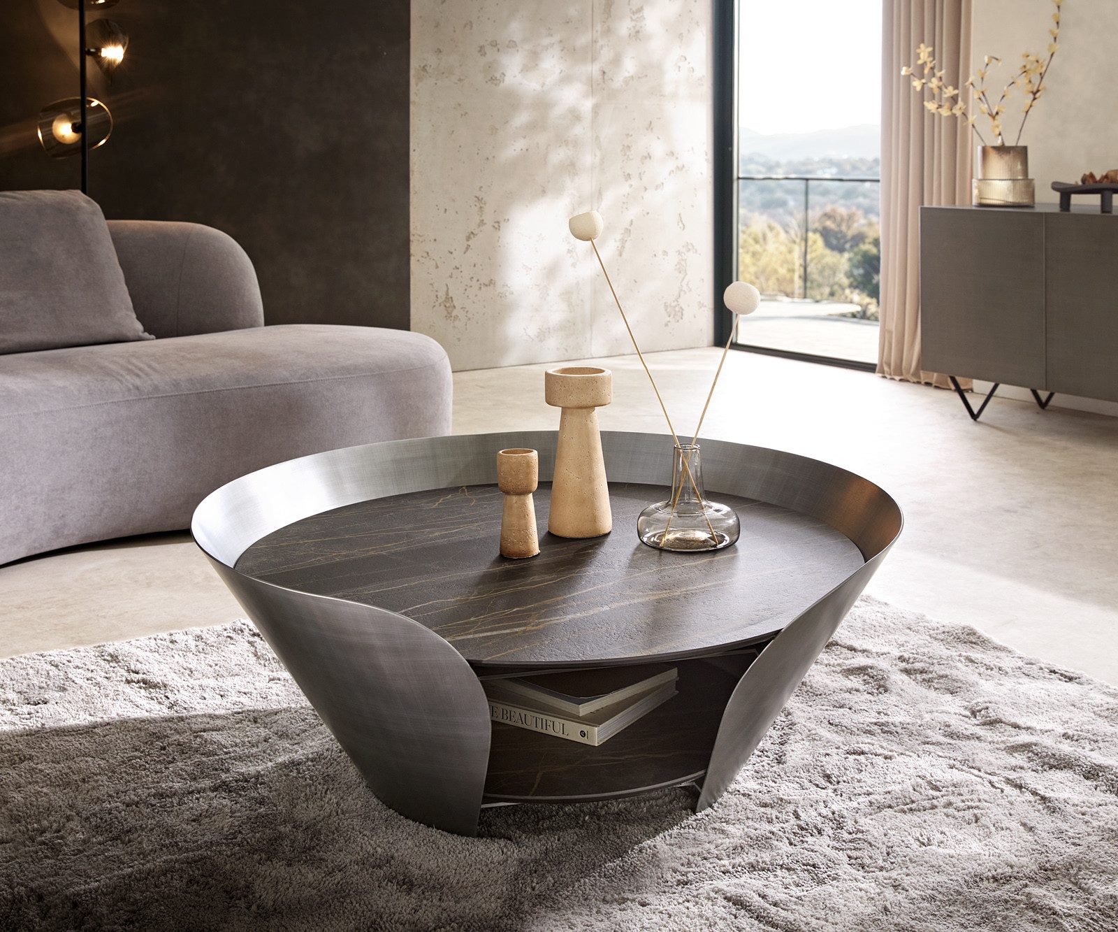 DELIFE Couchtisch Skafi, Keramik Laminam® Noir Desir Braun 100x40 cm Metallic Silber
