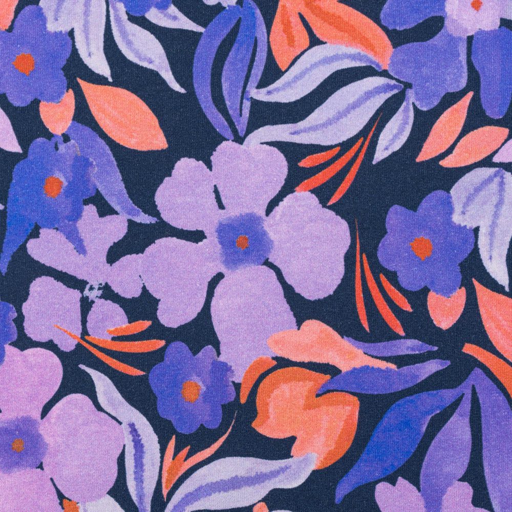 Stoff Sweatstoff Meterware Digitaldruck Blumen dunkelblau violett 1,5m breit