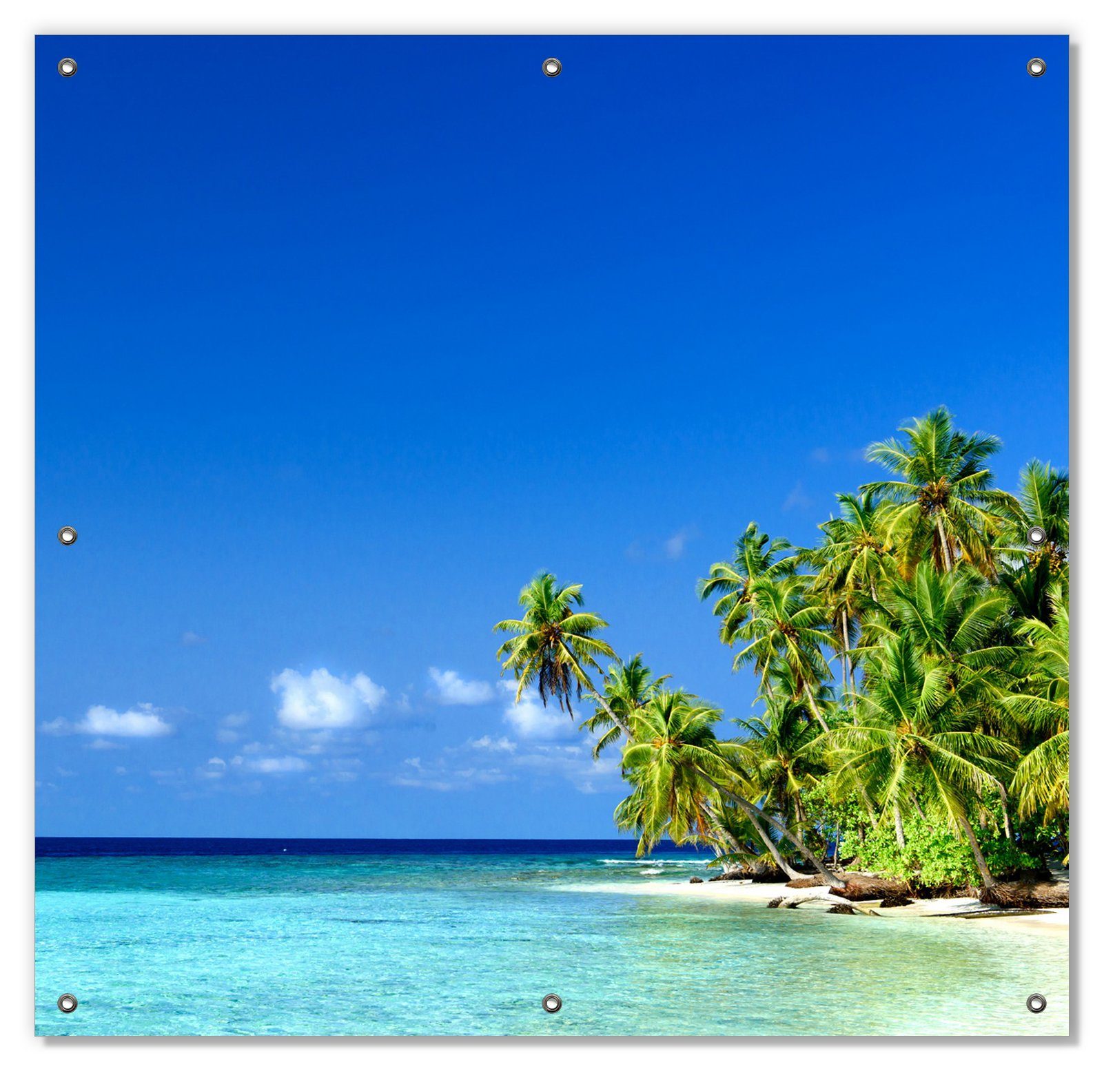 Sonnenschutz Blauer Himmel weißer Strand Palmen und das tiefblaue Meer, Wallario, blickdicht, mit Saugnäpfen, wiederablösbar und wiederverwendbar