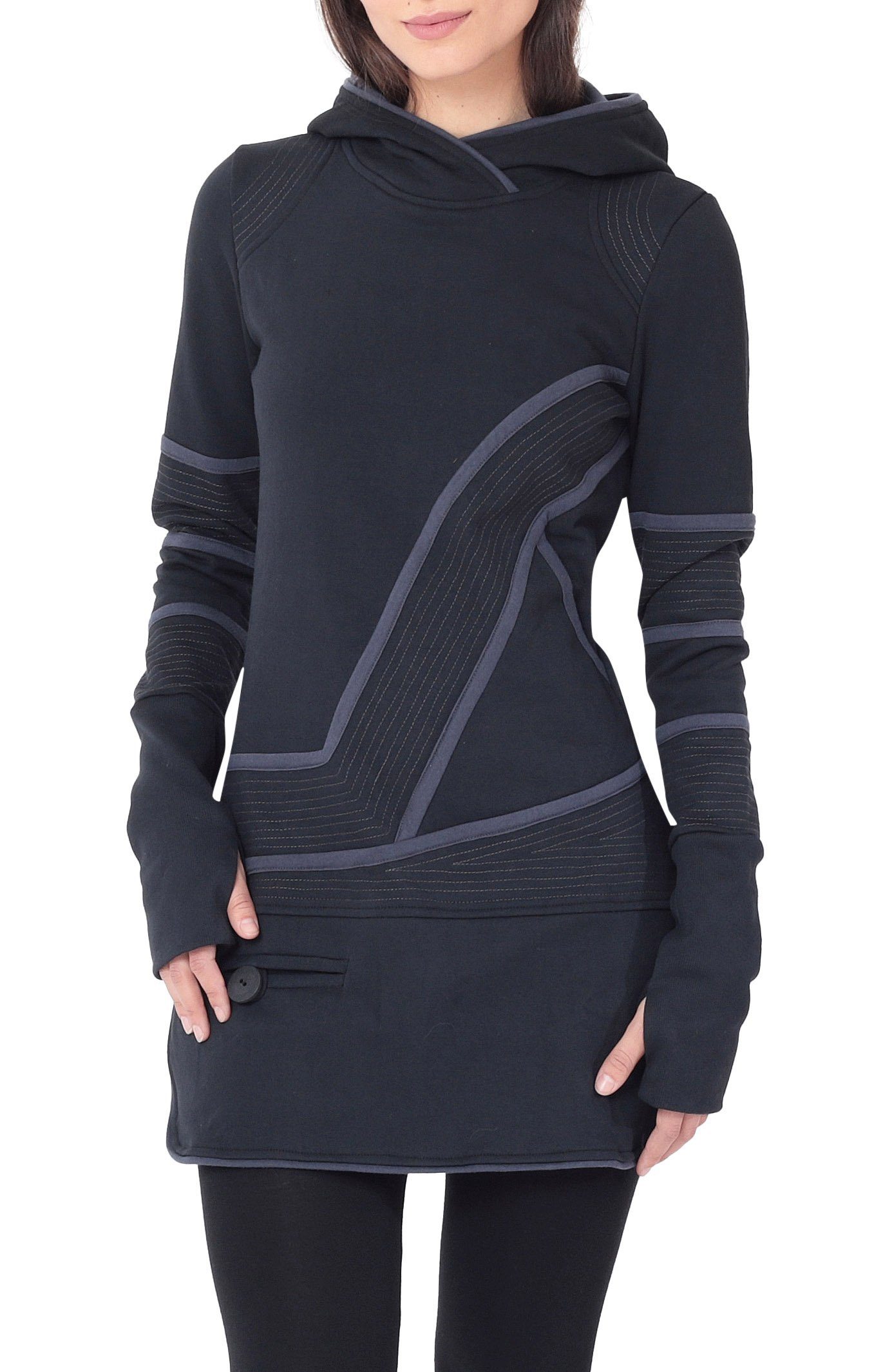 PUREWONDER Sweatkleid Kapuzenpullover-Kleid Hoodie Zweifarbig dr21 Schwarz günstig online kaufen