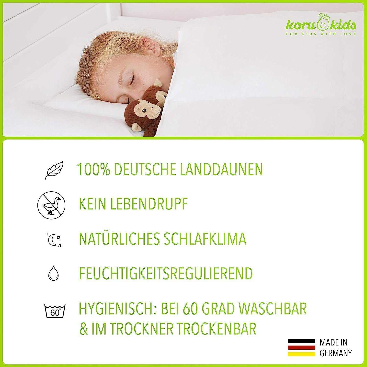 Koru Kids Kinderbettdecke + Kopfkissen Daunen Kinderbettdecke 100x135 Set mit Kissen, Füllung: 100% neue deutsche Entendaunen, made in Germany, waschbar bis 60°, natürliches Schlafen für Ihr Kind