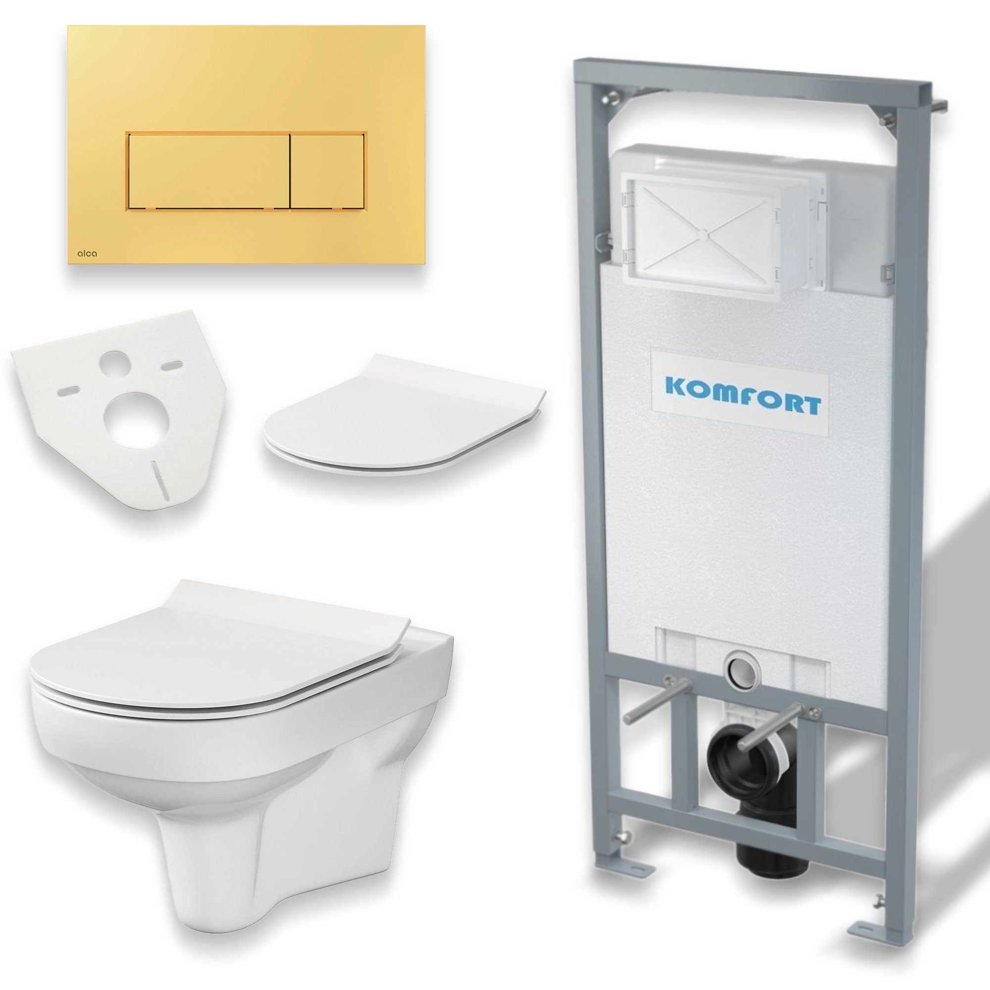 KOLMAN Vorwandelement WC SET: Wand-WC New City CleanOn Weiß + C201 + Betätigungsplatte Gold, 9 l, inkl. Slim WC-Sitz mit Soft-close und Schallschutzmatte