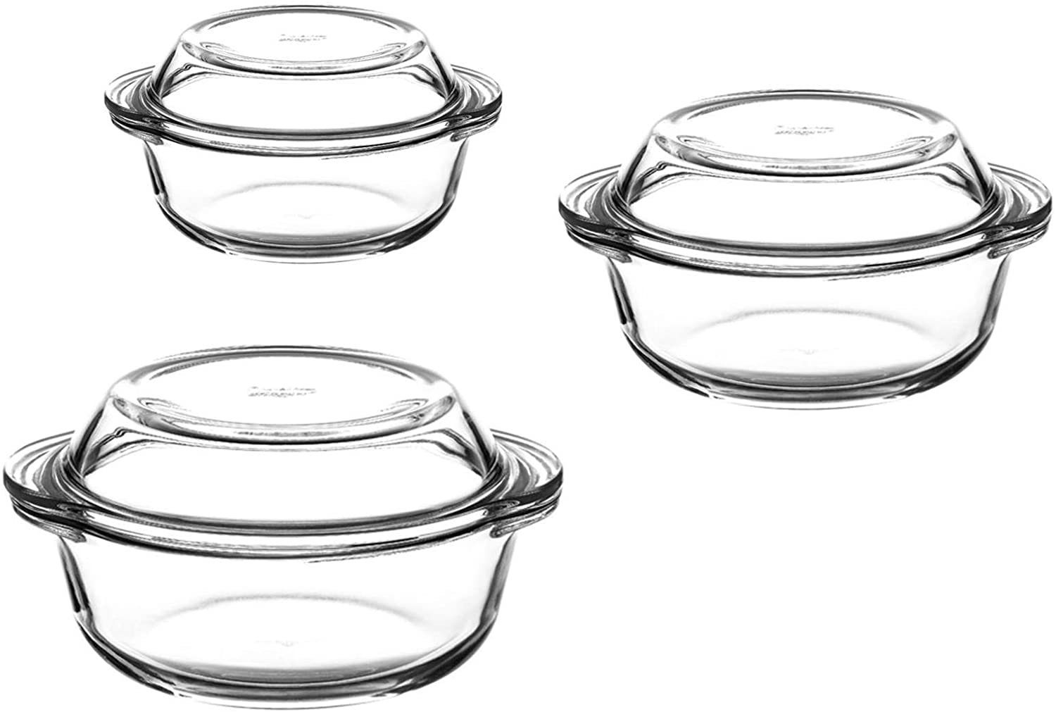 Pasabahce Auflaufform 6-teilig Borcam Kasserolle 3er Set Auflaufform rund mit Deckel, (6-St)