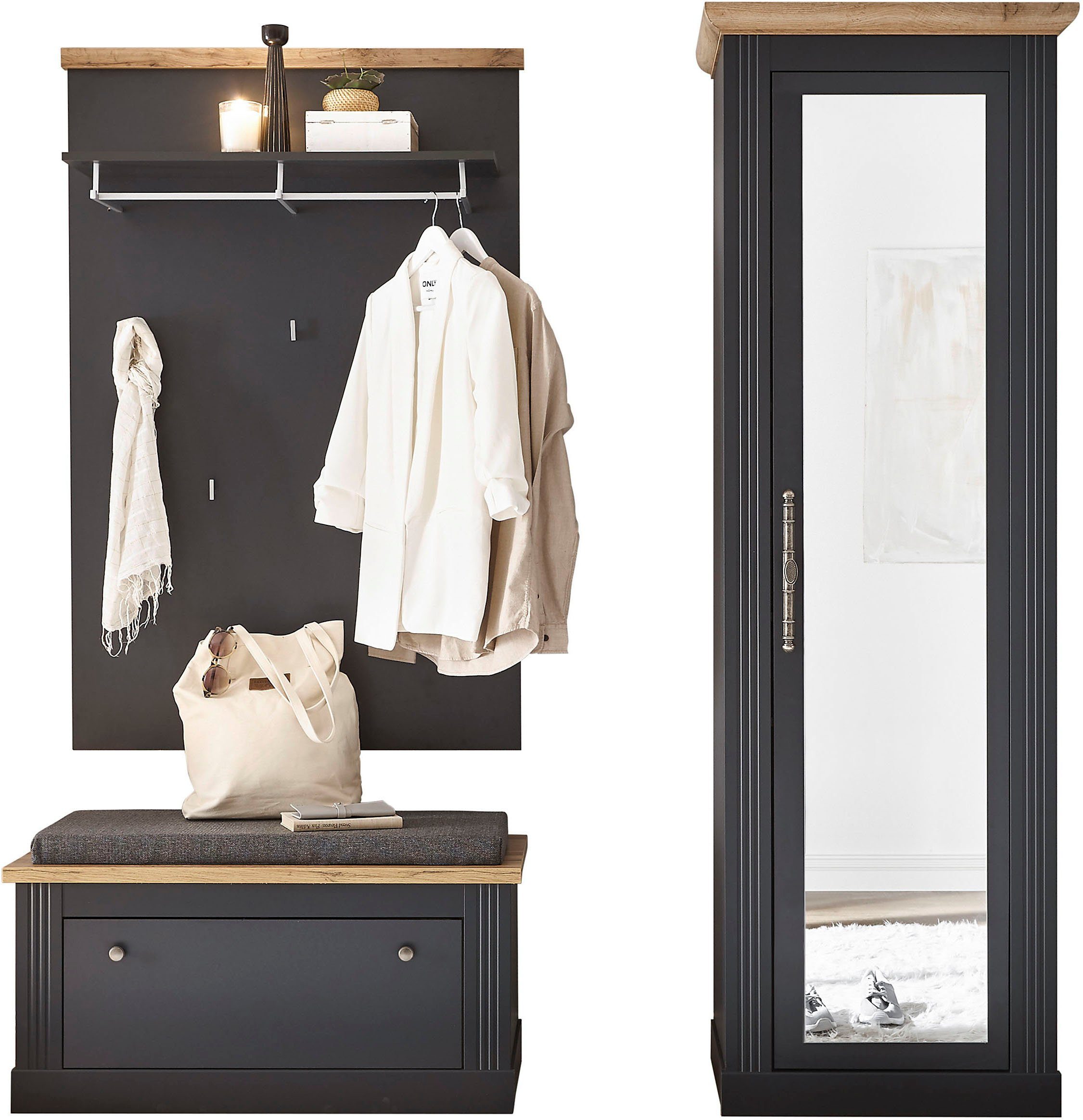 OTTO home Garderoben-Set Westminster, Garderobe im Landhausstil, Komplettset mit viel Stauraum, (3-St), enthält Schuhbank +Sitzkissen, Paneel & Garderobenschrank