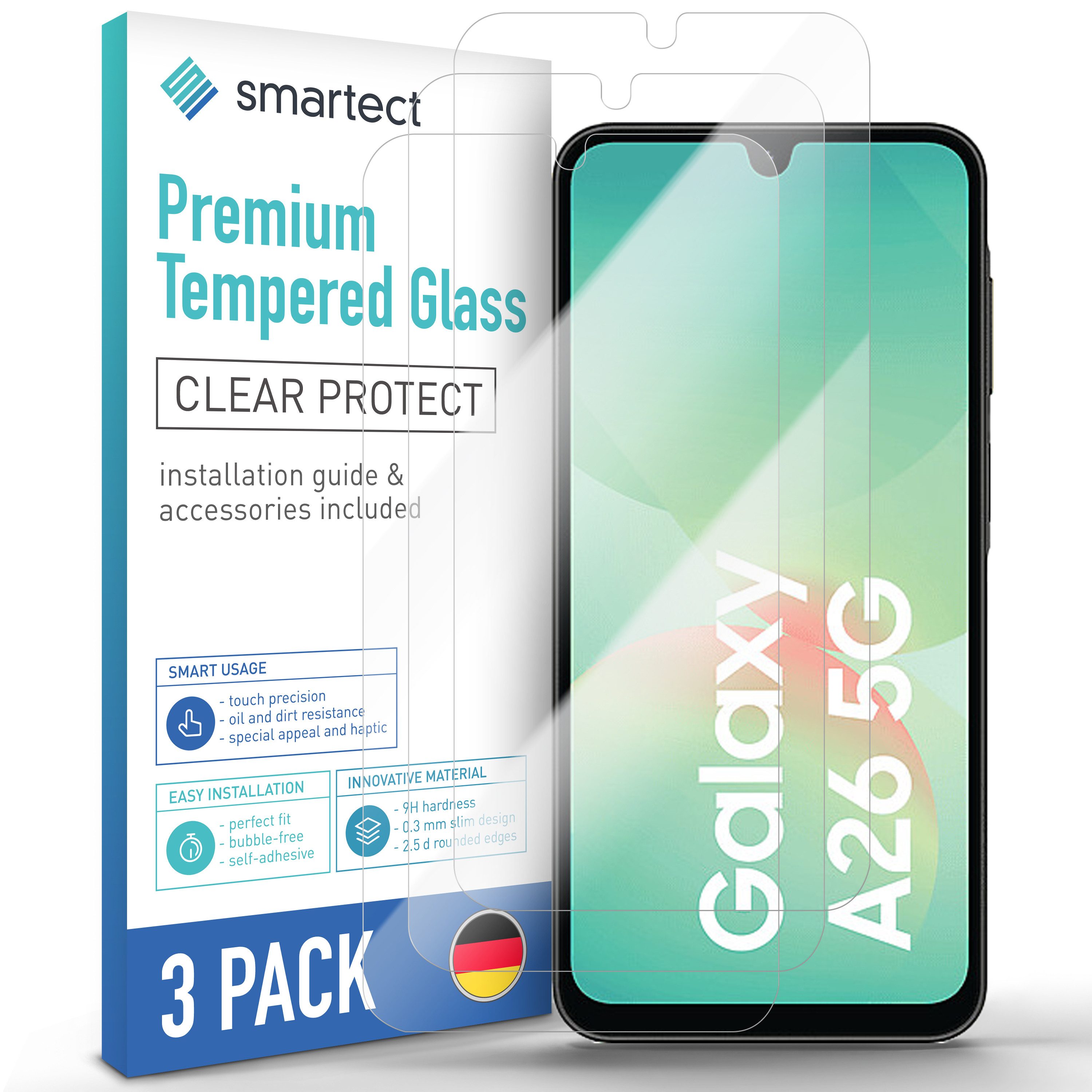 smartect Displayschutzglas 3X Schutzglas Panzerfolie Klar für Samsung Galaxy A26 5G für Samsung Galaxy A26 5G, Set, 3 Stück, 0.3 mm Ultra-klar, 9H Härte, Kratzfest, Stoßfest, Blasenfrei, Oleophob