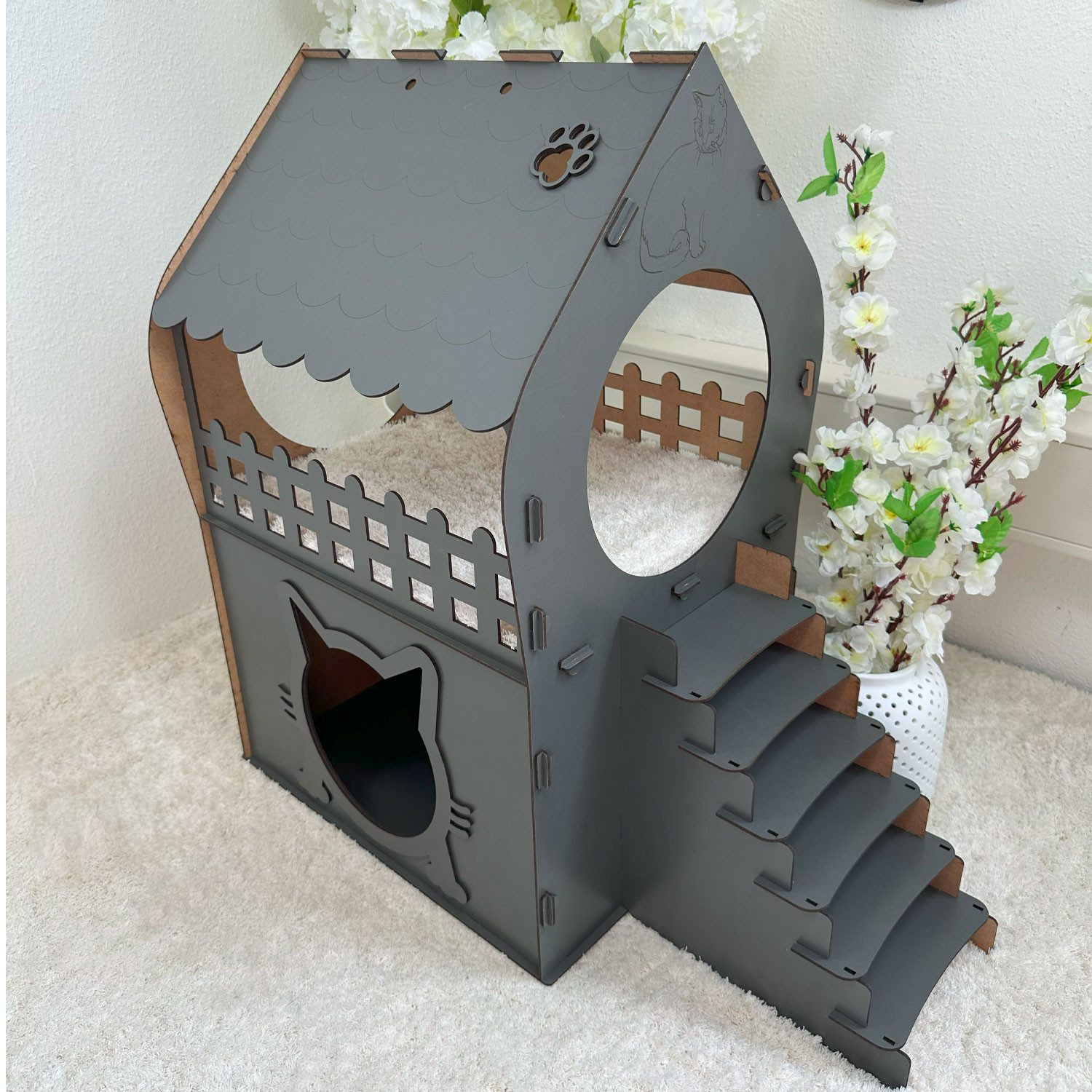 Jungengel Tierhaus Zweistöckiges Katzenhaus aus MDF – Anthrazit – in XL, XX günstig online kaufen