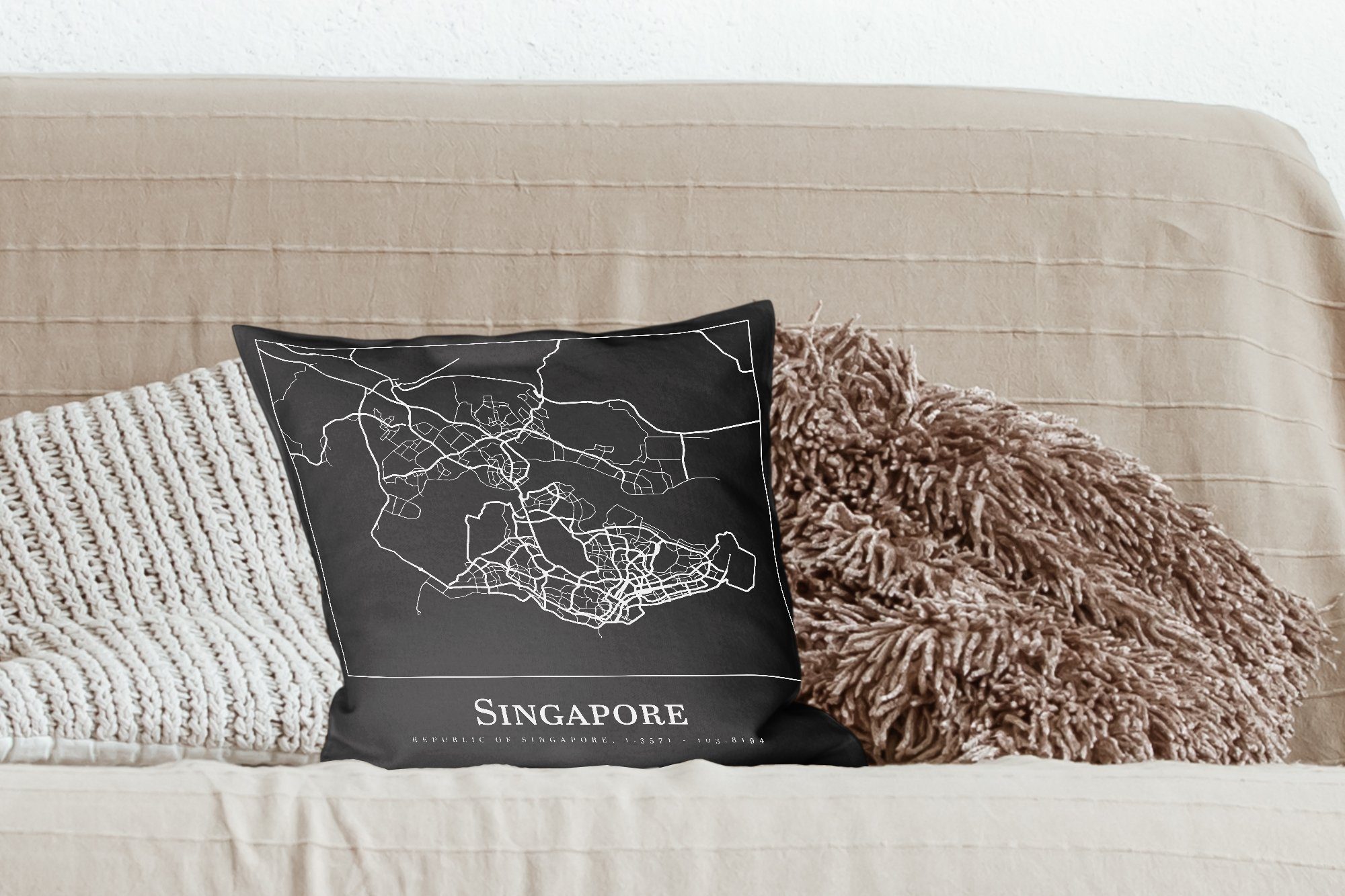 Schlafzimmer, MuchoWow mit Sofakissen für Wohzimmer, Dekokissen Zierkissen Singapur Karte Deko, - Füllung - Stadtplan,