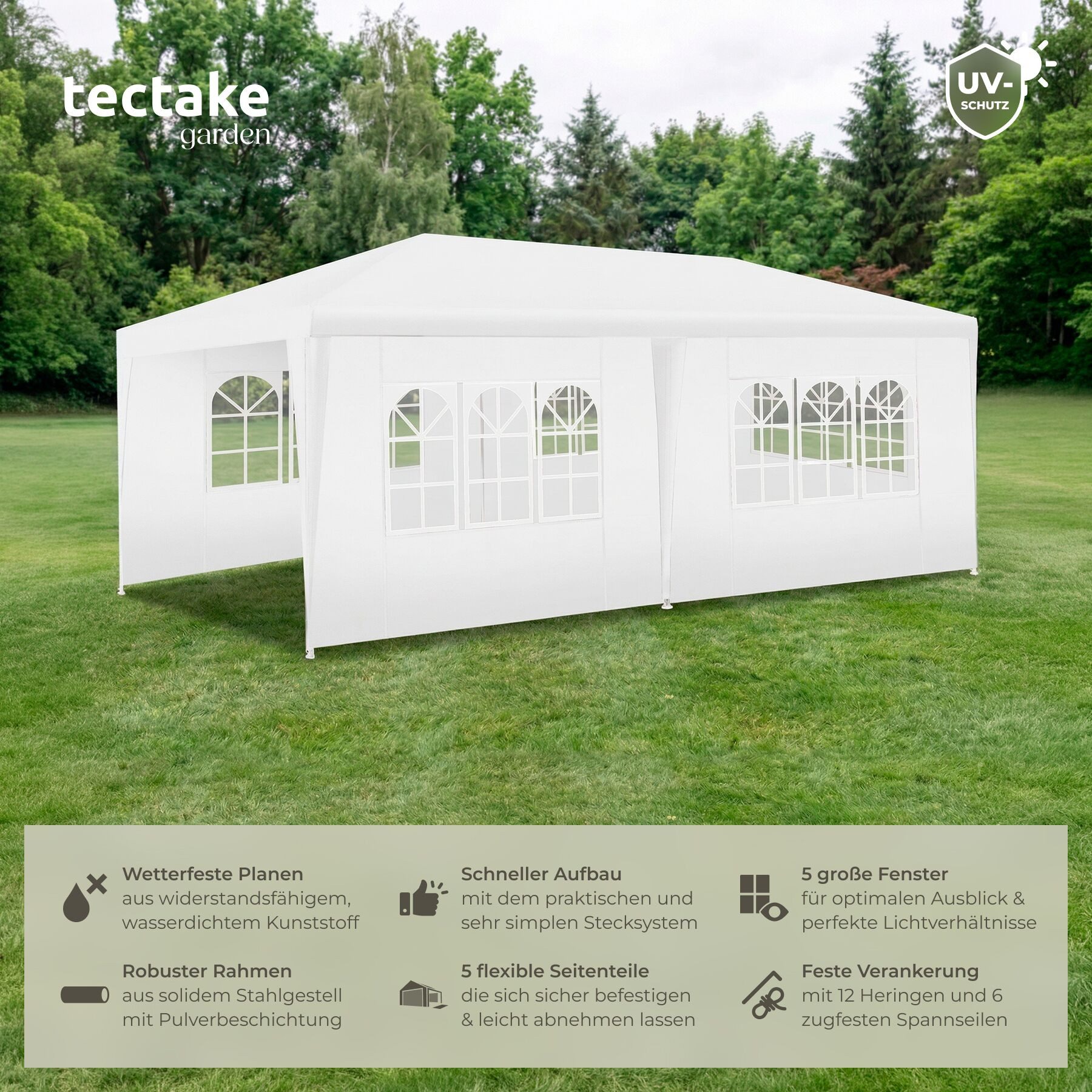 tectake Pavillon Partyzelt Novara mit 5 Seitenteilen, wasserdicht, 6x3m mit UV-Schutz, mit 5 Seitenteilen, (600 x 300 x 250 cm, Komplettset), 5 abnehmbare Seitenteile