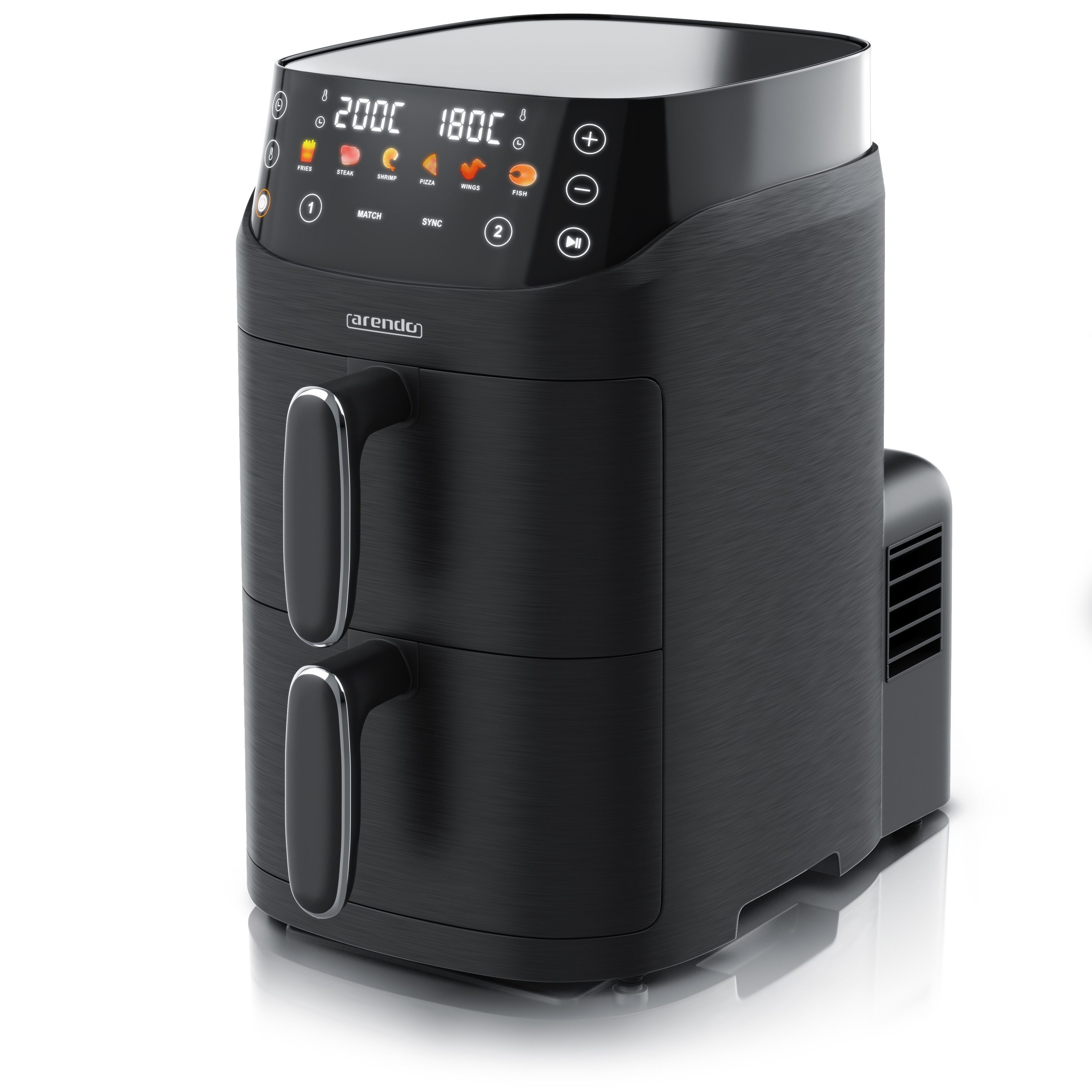 Arendo Heißluftfritteuse mit 2 Kammern Übereinander, Doppelkammer Airfryer 5L, Dual Zone, 2000 W, mit Zubehör, Umluft Backofen, Edelstahl, fettarmes gesundes Kochen