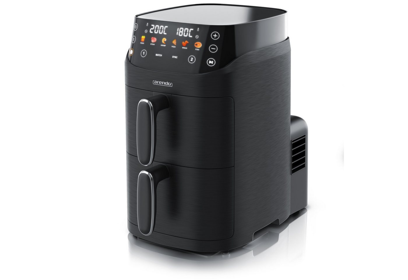 Arendo Heißluftfritteuse mit 2 Kammern Übereinander, Doppelkammer Airfryer 5L, Dual Zone, 2000 W, mit Zubehör, Umluft Backofen, Edelstahl, fettarmes gesundes Kochen