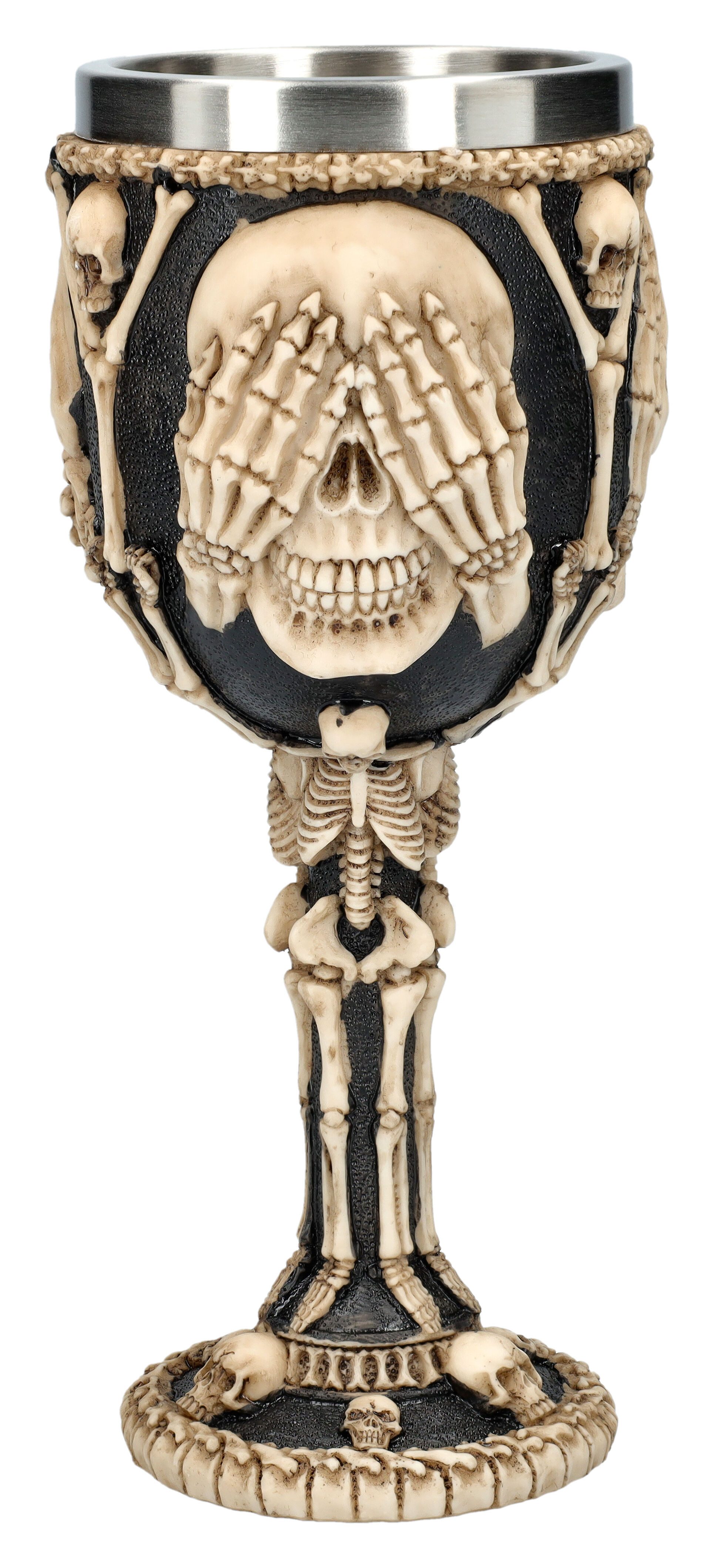 Figuren Shop GmbH Becher Kelch - Totenköpfe Nichts Böses - Gothic Weinkelch Becher Totenschädel, Kunststein (Polyresin), Edelstahl