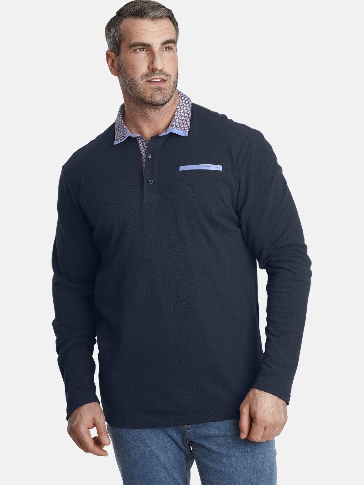 Charles Colby Langarm-Poloshirt EARL CHAD mit doppeltem Kragen dunkelblau