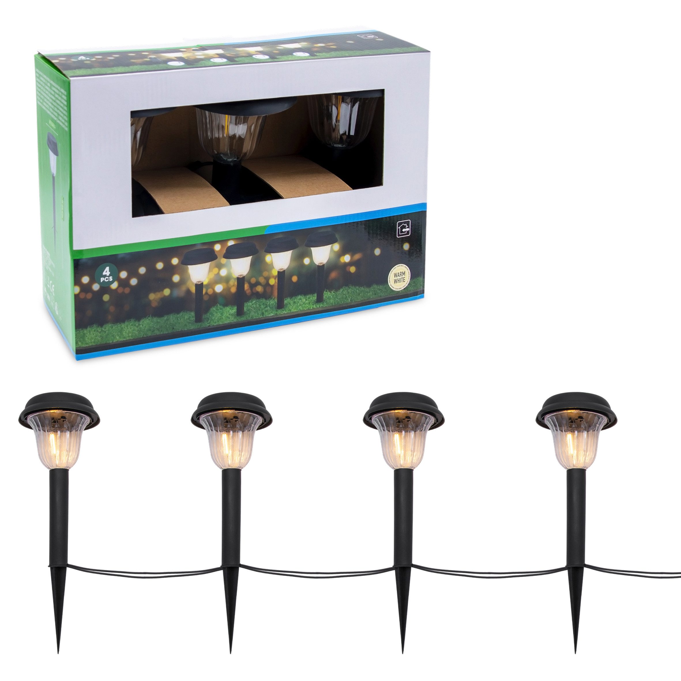 Spetebo LED Gartenleuchte Kunststoff Gehwegleuchte schwarz 4er Set mit Erdspieß kabelgebunden, 4er Set, LED fest integriert, warm weiss, Inklusive Netzstecker – Bild 4 von 5