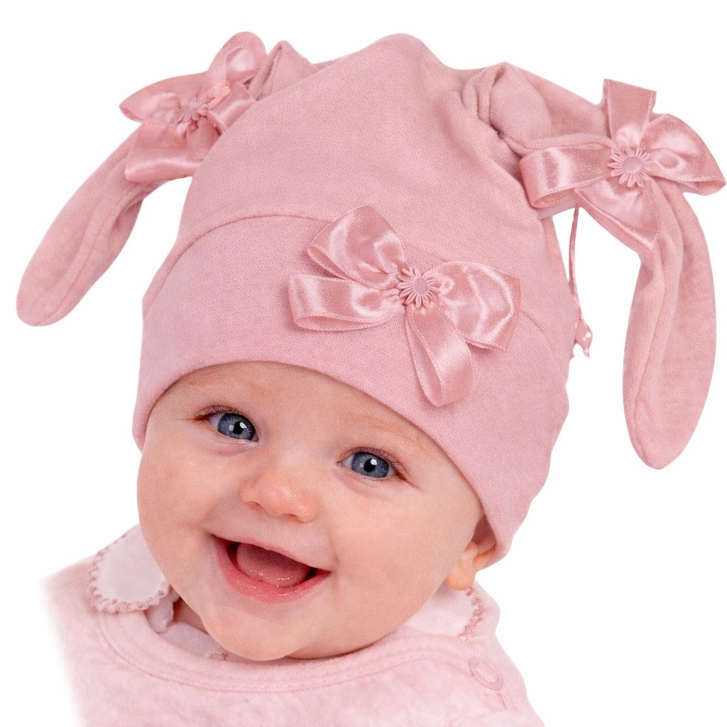 Schlupfmütze Babymütze mit Schleifen Baby Mütze in Rosa Weiß Creme