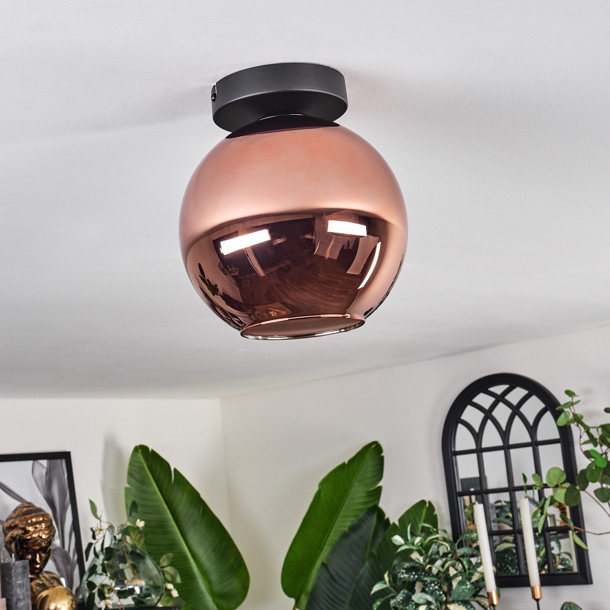 hofstein Deckenleuchte Deckenlampe aus Metall/Glas in Schwarz/Kupferfarben, ohne Leuchtmittel, moderne Leuchte mit Schirm aus Glas (20cm), 1xE27, ohne Leuchtmittel