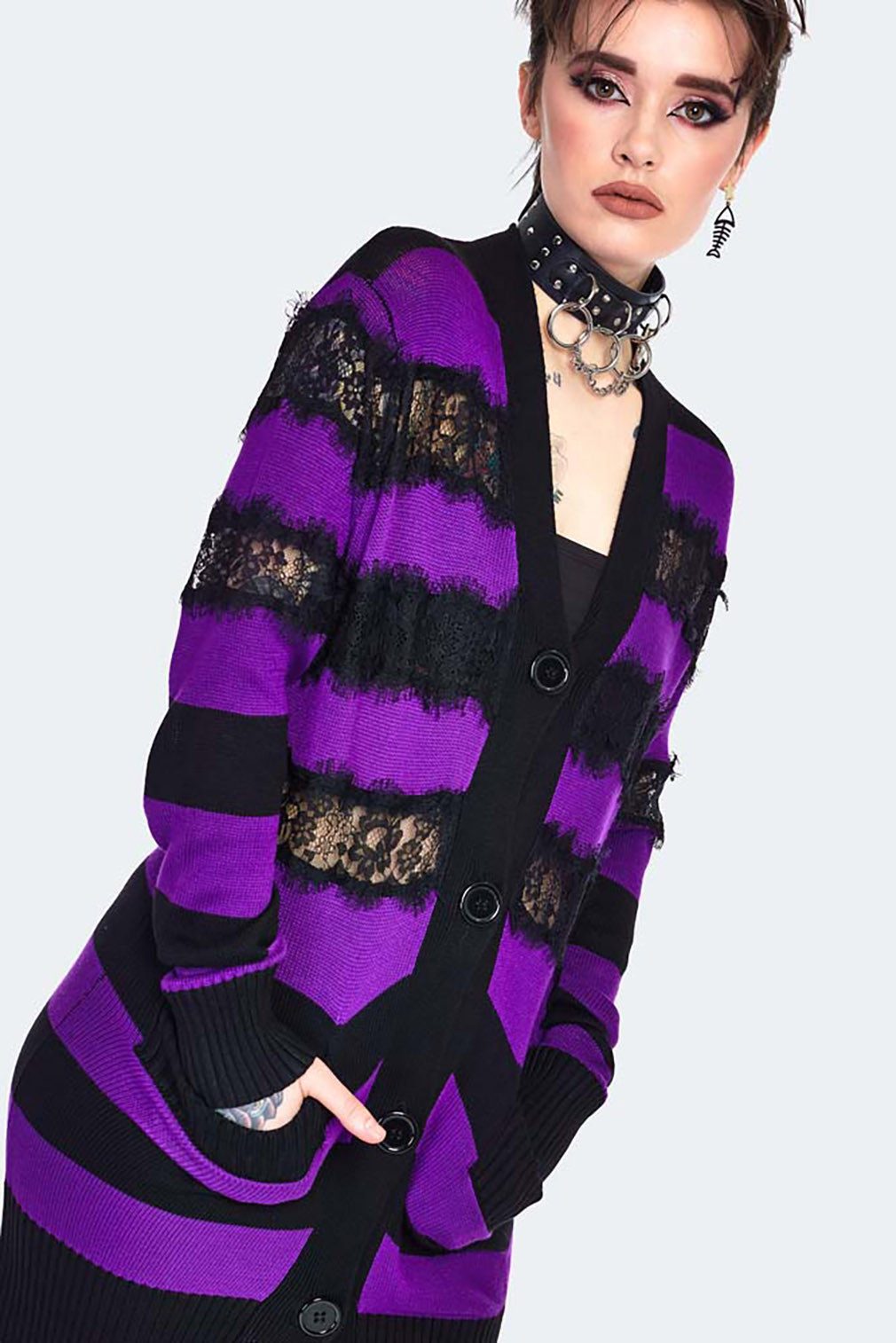 Jawbreaker Strickjacke Oversized Stripe Purple Cardigan Punk Grufti Gothic