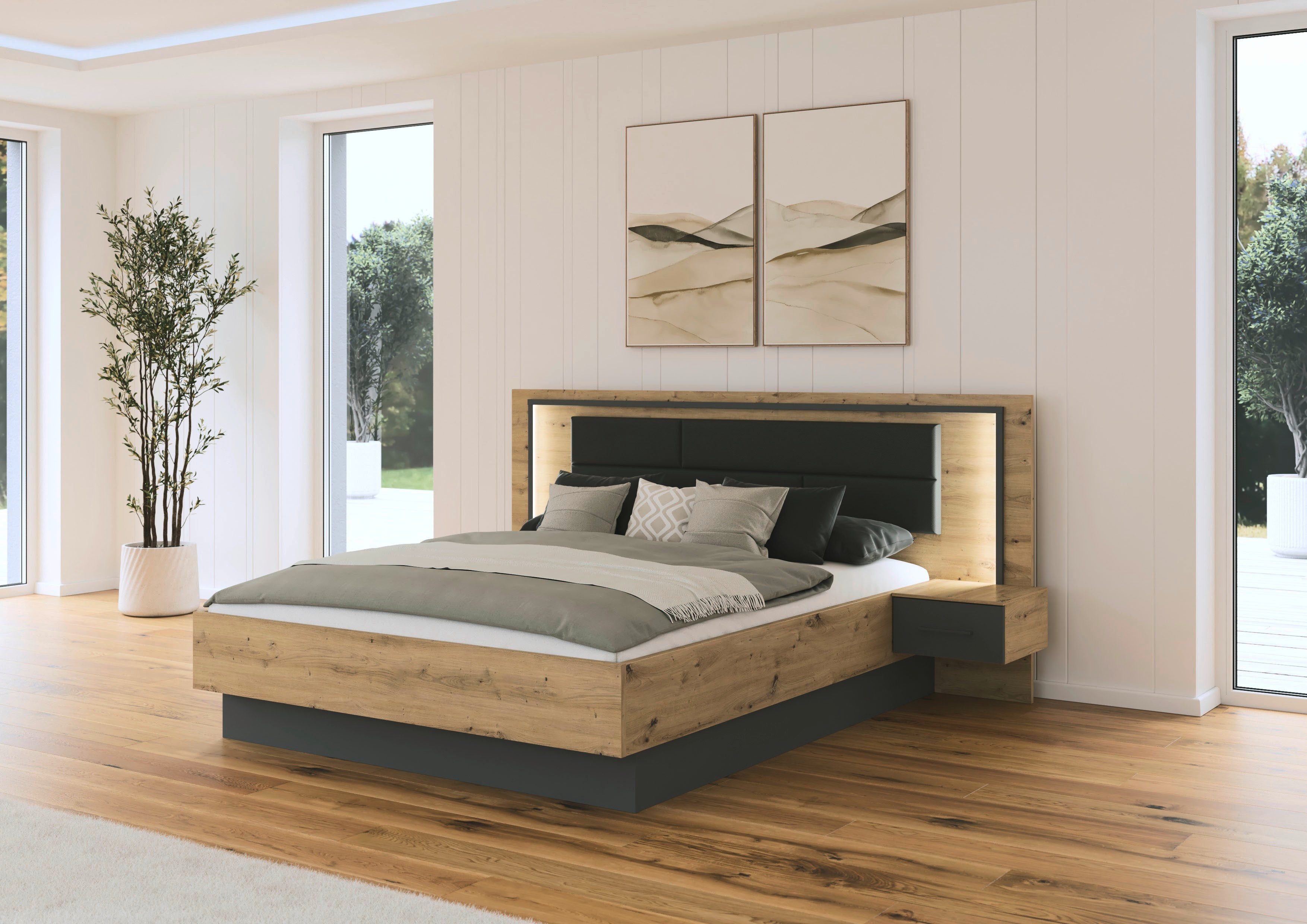 rauch Bettanlage Bett Doppelbett Komortbett BILBAO-EXTRA, (Set, 3-tlg., Liegefläche 160x200 oder 180x200 cm), Polster-Kopfteil in Lederoptik basalt, mit Beleuchtung MADE IN GERMANY