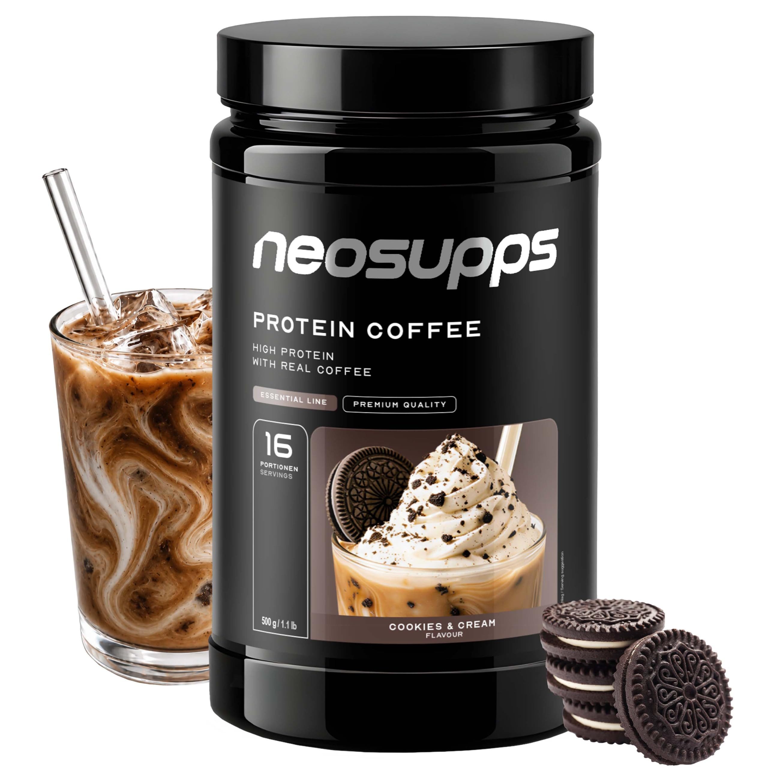 Neosupps Protein Iced Coffee Cookies & Cream 500g, Eiweißkaffee mit 20g Protein Pulver, 500 g, 80mg Koffein pro Portion, Protein Drink mit Kaffee & Cookie-Stückchen