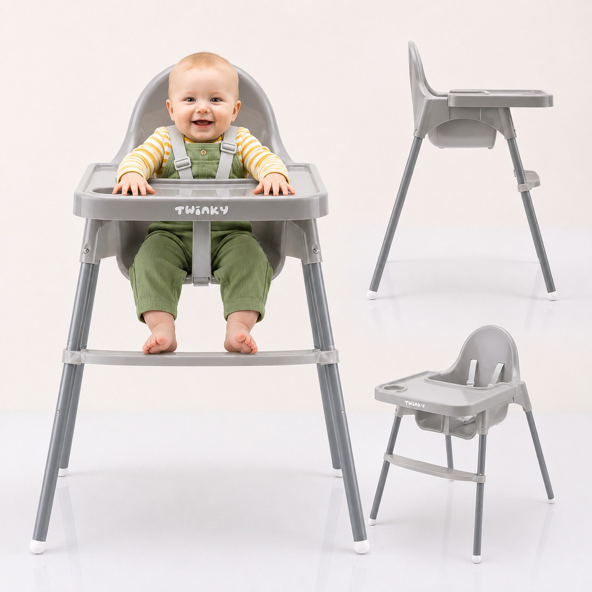 TWINKY Kinderstuhl Baby Hochstuhl, Höhenverstellbar, Kinder-Esstuhl​ (Set), Spielset mit Ledersitzkissen und Rädern