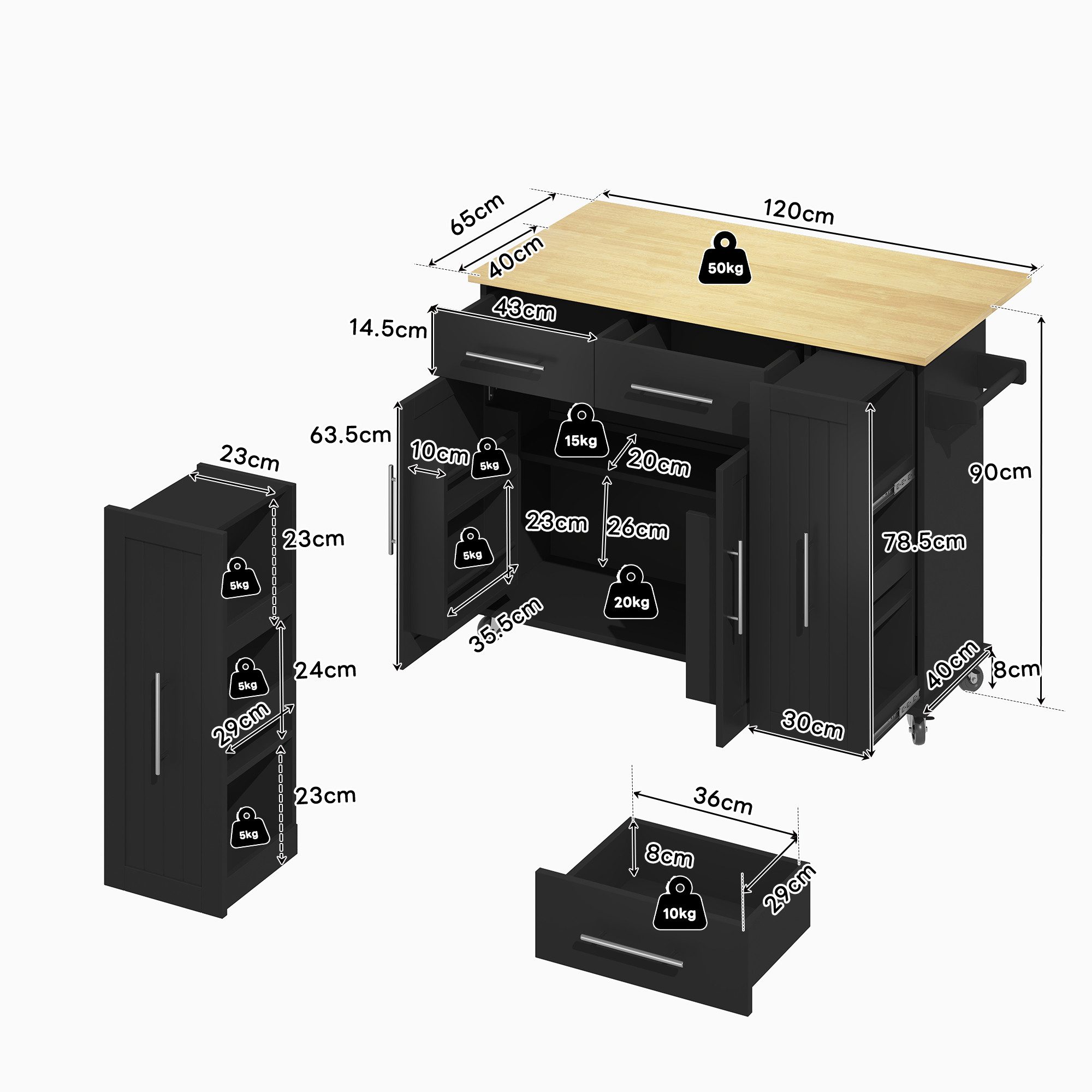Ulife Kücheninsel mit ausklappbarer Klappe & viel Stauraum, Rollwagen, 3 Ebenen, Innenregal, Handtuchhalter – Schwarz