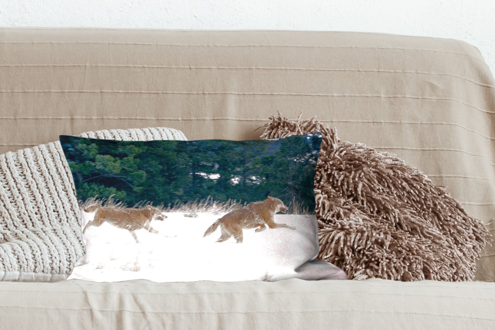 Wohzimmer Füllung, Dekoration, Dekokissen Tiere, - Schlafzimmer Wolf mit Baum Dekokissen Zierkissen, MuchoWow -