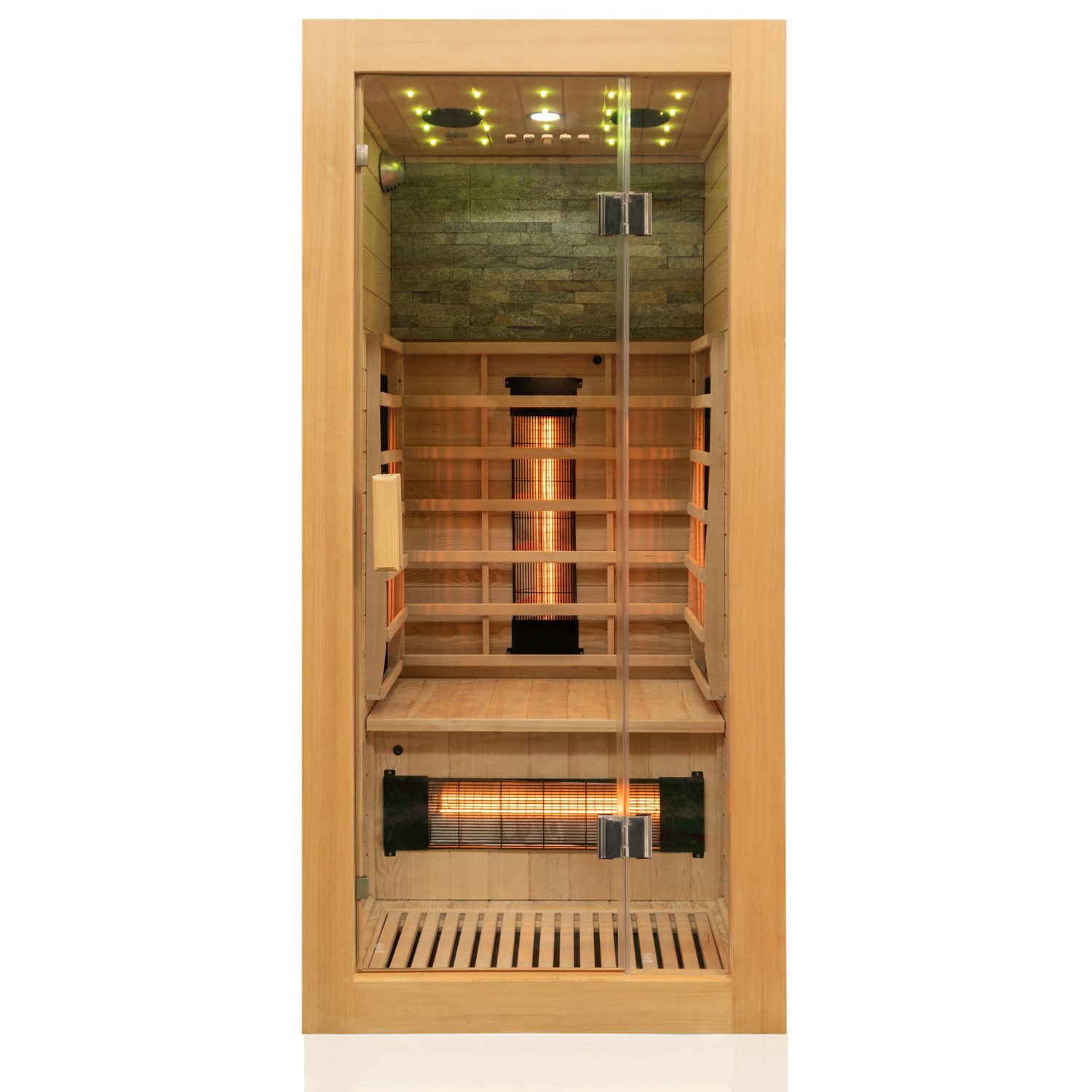 Dewello Eckdusche MILTON 90 Wärmekabine, bis zu 1 Personen, 4 Vollspektrumstrahler, Natursteinwand, inkl. Ionisator mit Ozondesinfektion, Multimedia HiFi – Bild 2 von 5