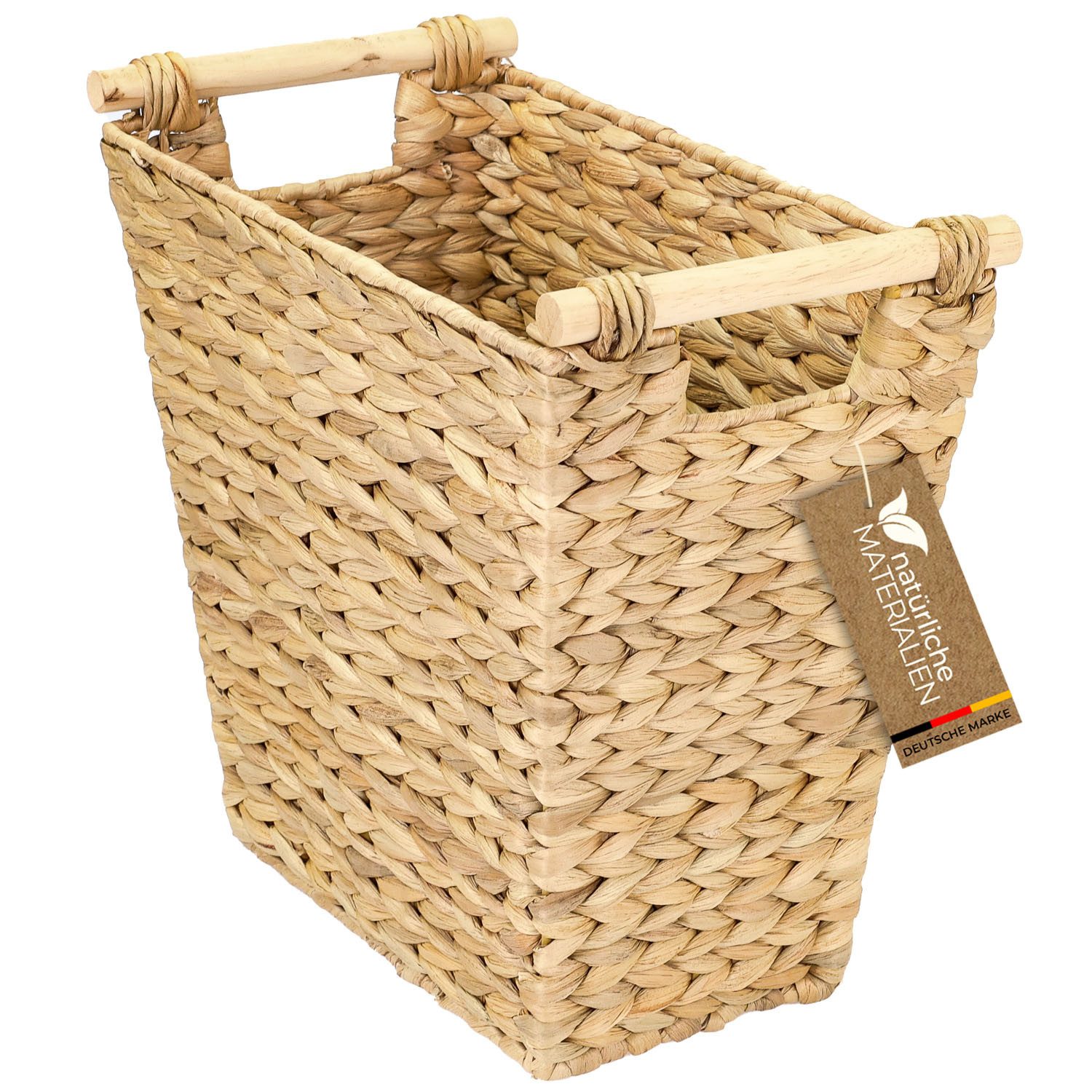 HMF Papierkorb Papierkorb Büro, Aufbewahrungskorb mit Holzgriffen geflochten, aus Wasserhyazinthe, Trapez, 36 x 19 x 33 cm