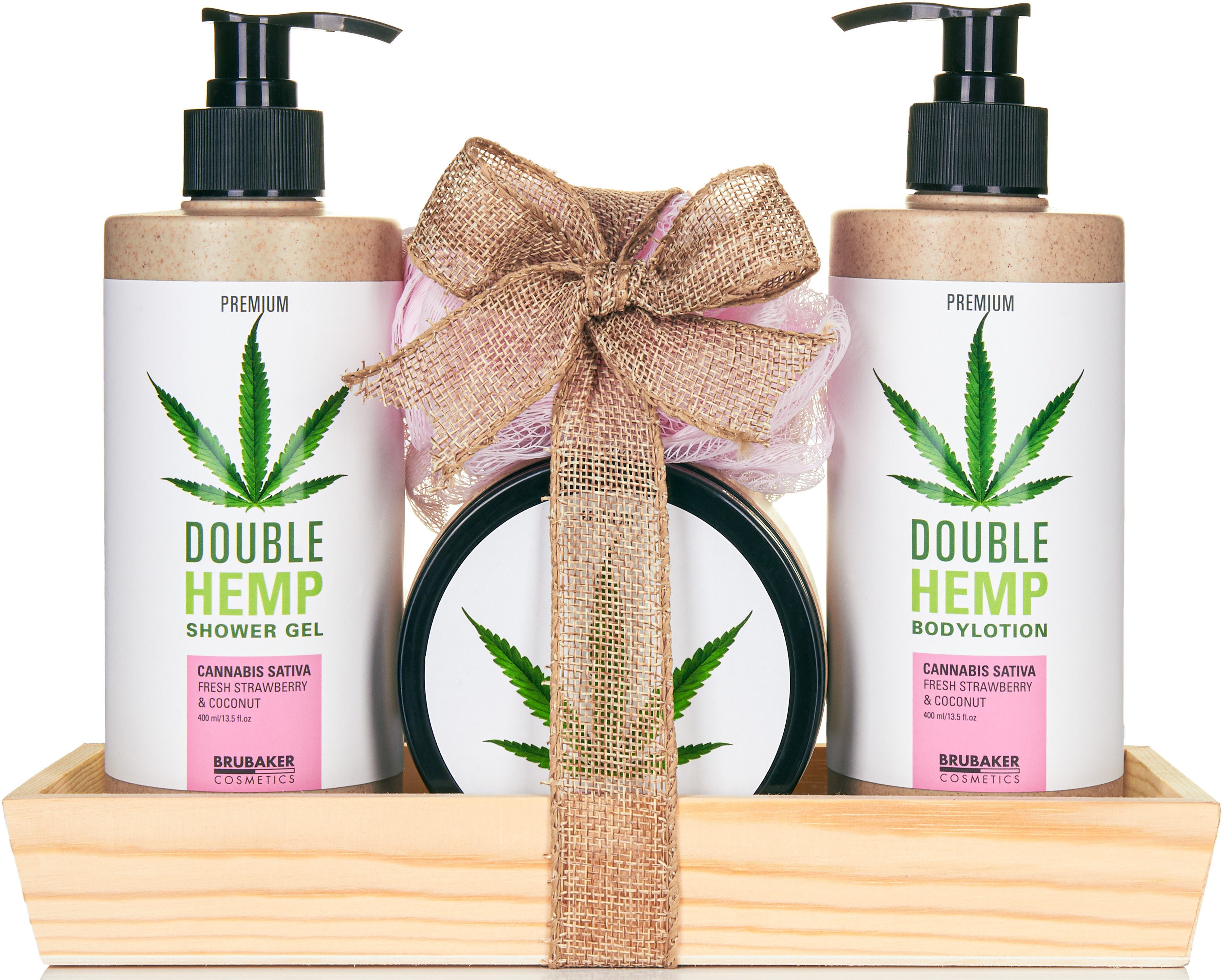 BRUBAKER Pflege-Geschenkset Beauty Geschenkset mit Erdbeeren & Kokosnuss Duft, 5-tlg., Damen Hanf Badeset mit Deko-Tablett aus Holz, Pflegeset für Frauen