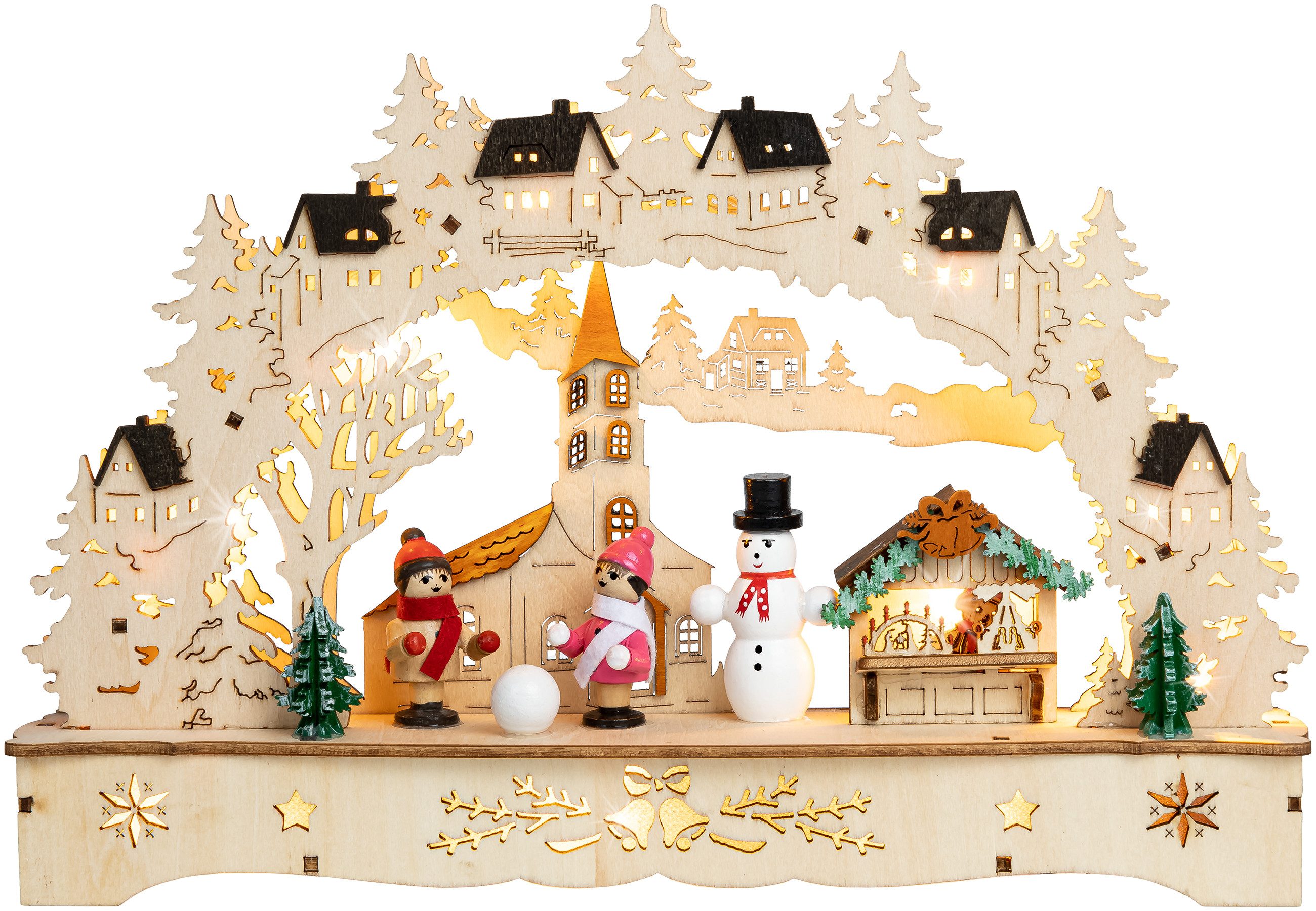 SIKORA Schwibbogen LB94s kleiner LED Holz Lichterbogen Motic Winterdorf B: 27 cm, batteriebetrieben - sanft beleuchtet für sinnliche Weihnachten
