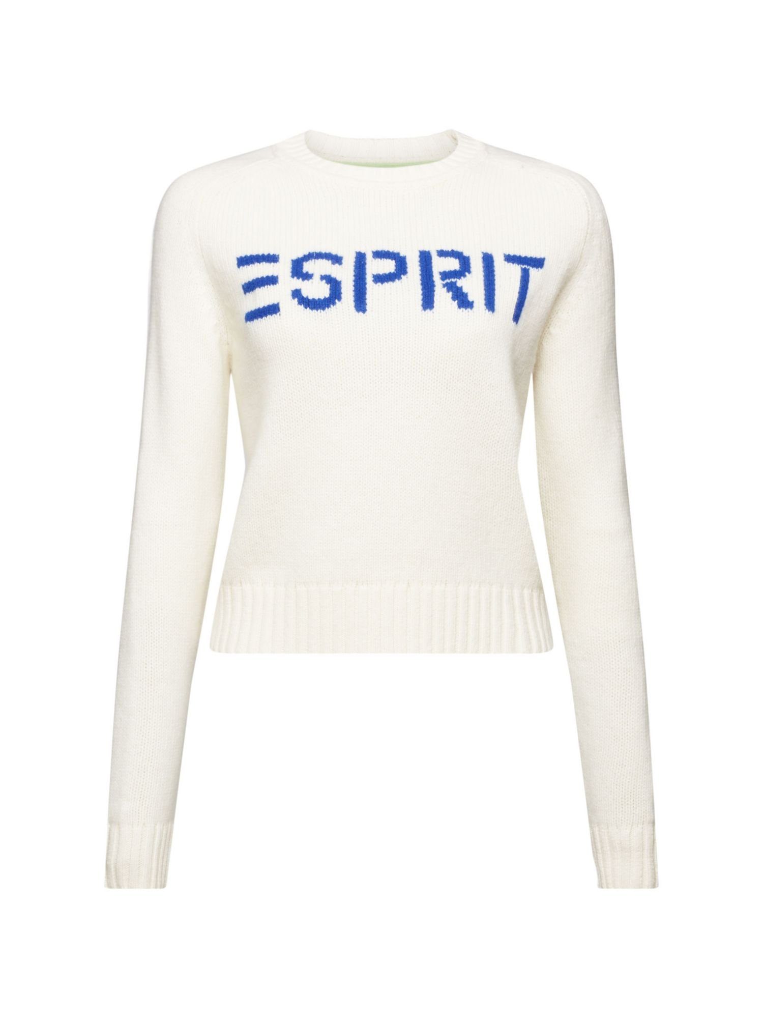 und WHITE Esprit Kaschmir Logo-Pullover OFF aus Wolle Rundhalspullover