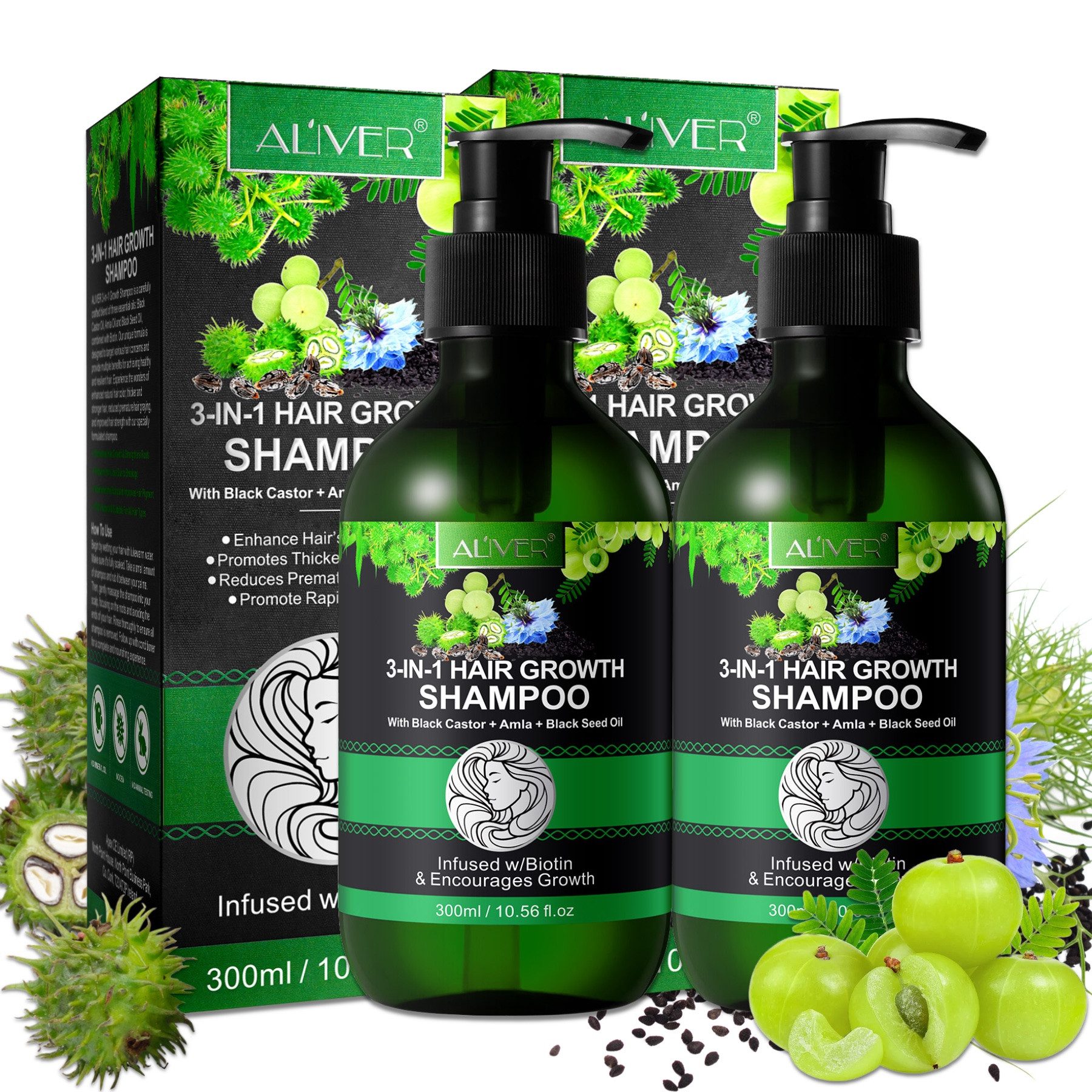 ALIVER Haarshampoo Kopfhaut Pflege Haarwachstum mit Rizinusöl Amlaöl Schwarzkümmelöl, 2-tlg., Vegan, mit biotin angereichert