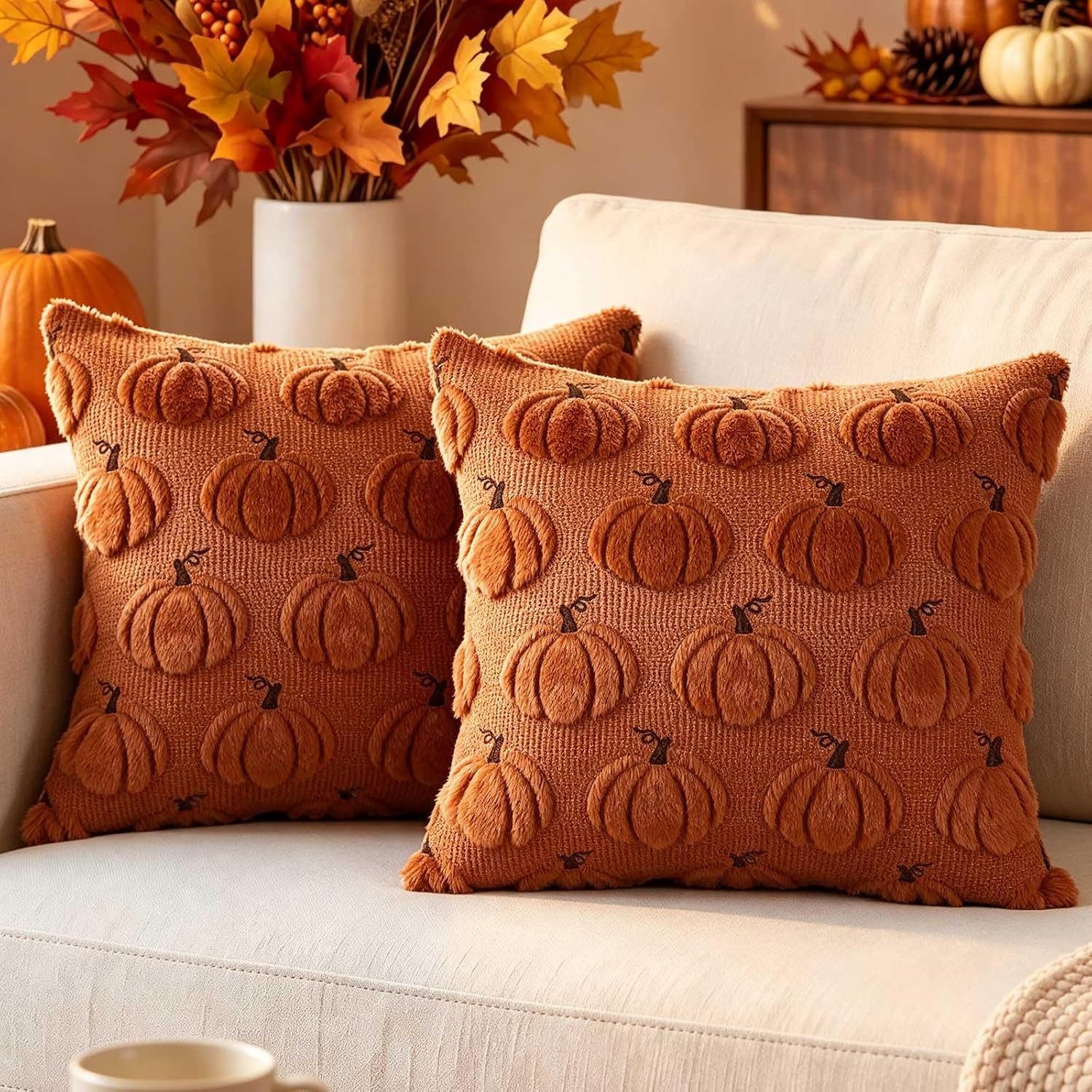 FOUORTUNATE-BEE Kissenbezug 2er Set Kürbis-Kissenbezüge 45 × 45 cm für Herbst & Thanksgiving, (2 Stück), Kürbis-Kissenhüllen für gemütliche Herbst- und Thanksgiving-Deko