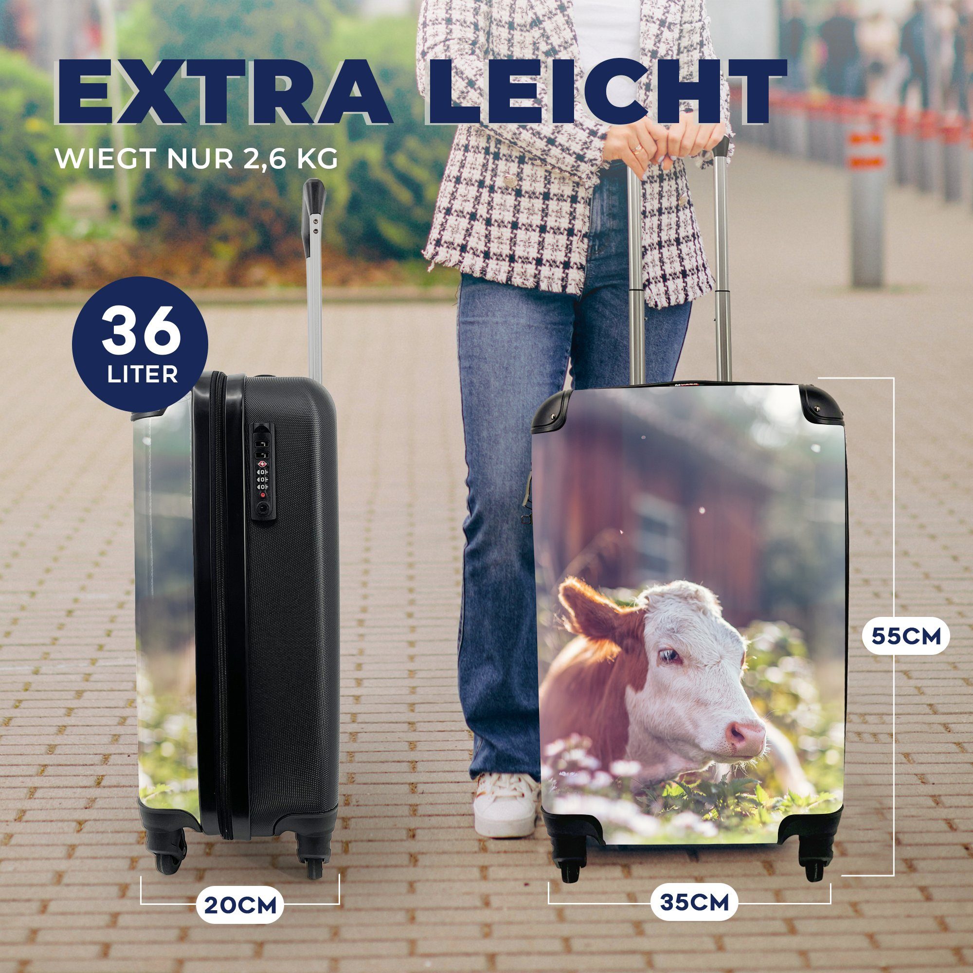 Kuh Handgepäck Rollen, MuchoWow 4 Trolley, Ferien, - Handgepäckkoffer mit Blumen, rollen, Sonne für - Reisetasche Reisekoffer