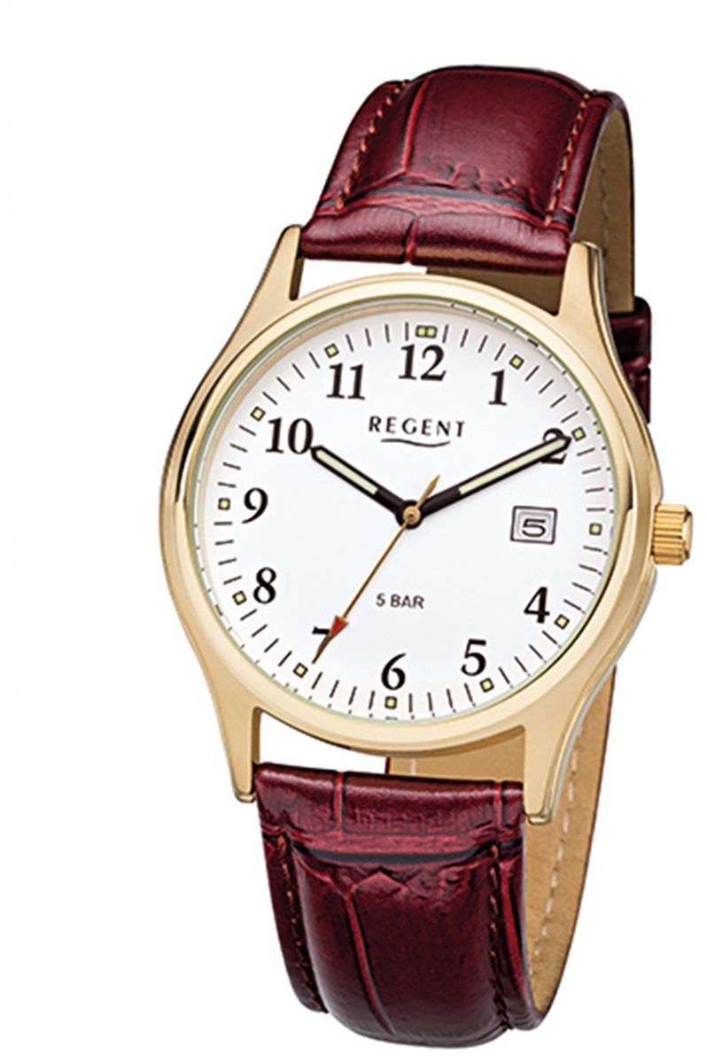 Regent Quarzuhr Regent Herren-Armbanduhr rot braun Analog, Herren Armbanduhr rund, mittel (ca. 37mm), Lederarmband
