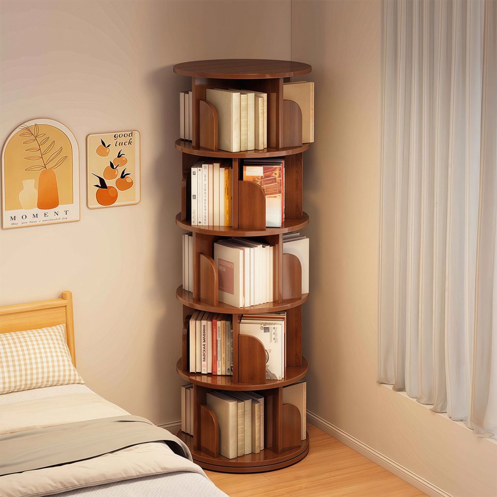 BBG Bücherturm Drehbares Bücherregal mit 5 Ebenen, 360° Drehfunktion, platzsparendes Standregal aus MDF, Bücherregal-Turm