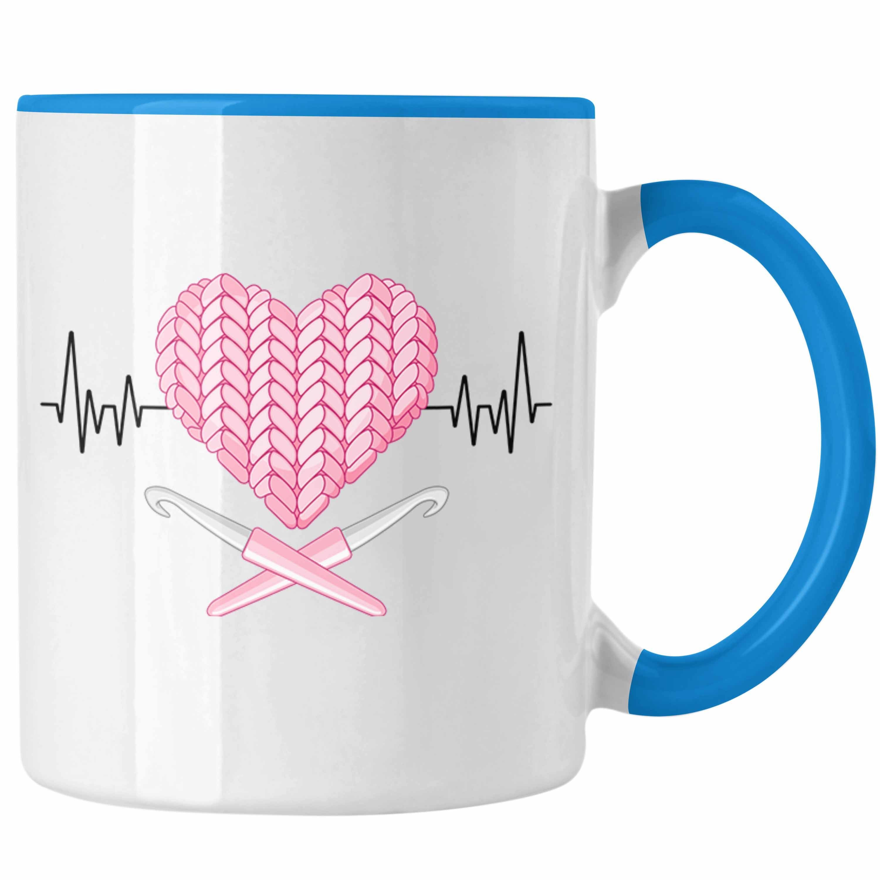 Trendation Tasse Trendation - Häkeln Stricken Herzschlag Tasse Geschenk für Oma Mutter Blau