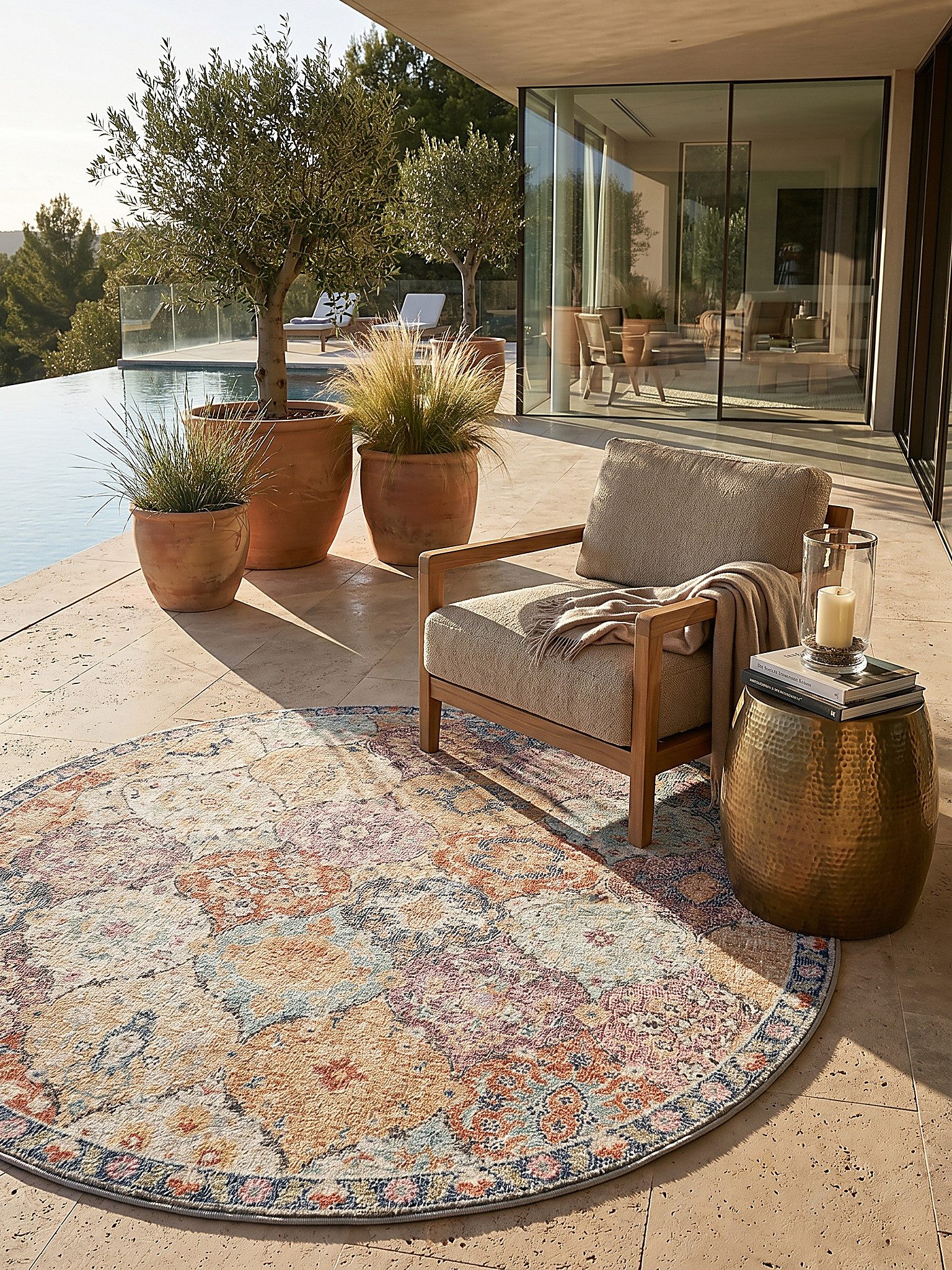 KADIMA DESIGN Outdoorteppich LIMMAT Outdoorteppich Mehrfarbig 120x120 Orientalisch Polypropylen, Rund, Höhe: 5 mm, Saugroboter-geeignet, Strapazierfähig, Pflegeleicht, Farbecht
