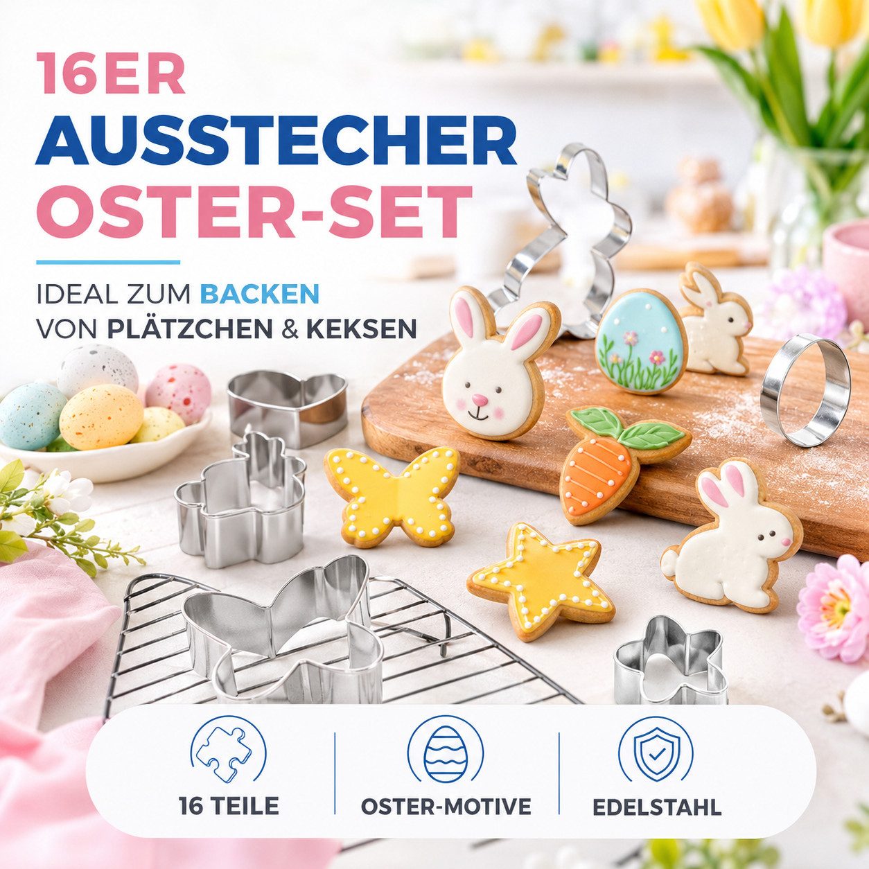 Hey!Easter® Ausstechform 16er Set Ausstechformen Ostern - Ausstecher Kekseausstecher Plätzchen, (Packung, 16-St., 16x Ausstechformen), Spühlmaschinfest