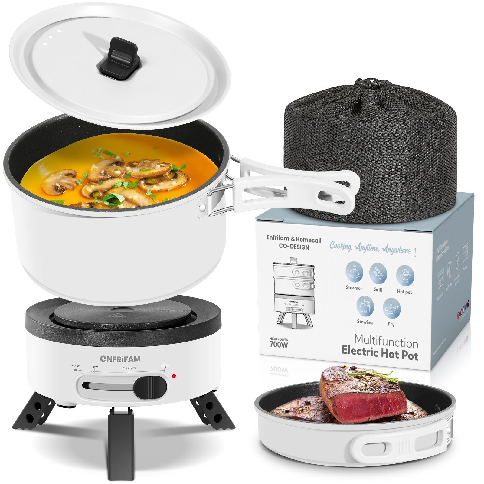 ENFRIFAM Elektrische Multipfanne Elektrische Hot Pot, Multikocher, Elektrische Pfannen, Campingkocher, 700,00 W, Fondue Set, Ideal für Büro Wohnheime Hotels Reisen Wohnwagen