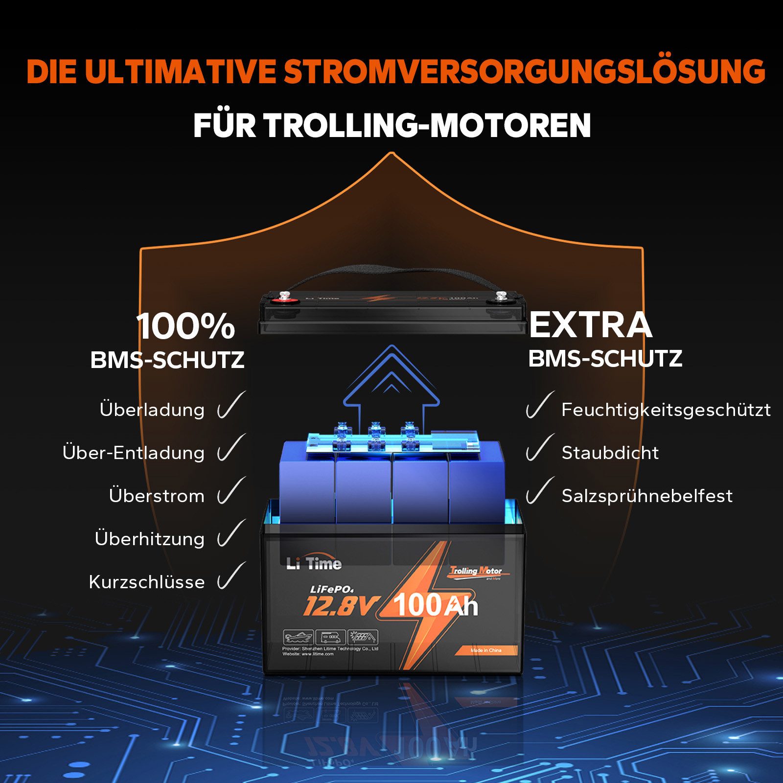 LiTime 12V 100Ah TM LiFePO4 Batterie Bootsbatterie mit Tieftemperaturschutz Solarakkus (12 V), 1280Wh Solarstromspeicher für Elektromotor mit 30-70 lb Schubkraft