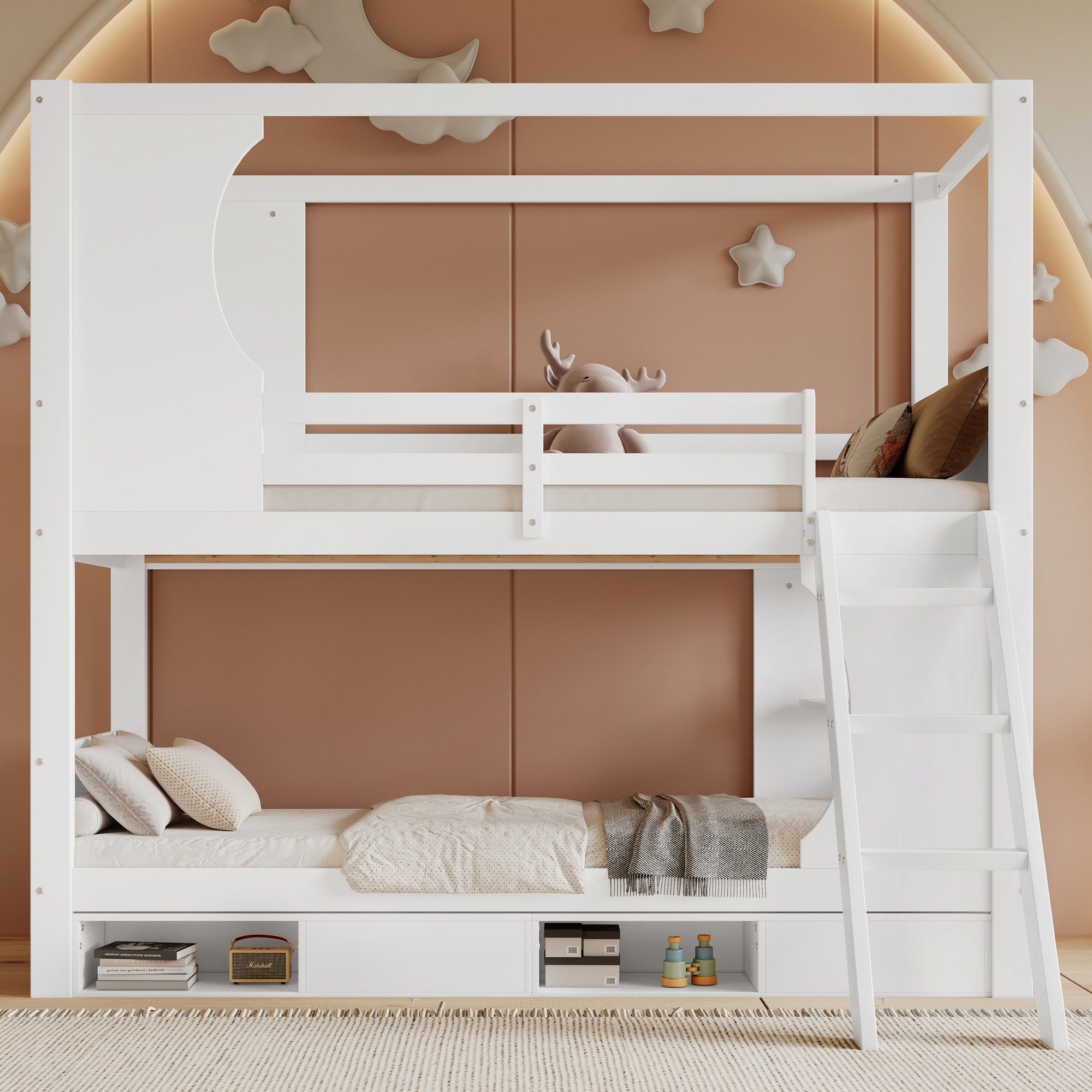 Flieks Etagenbett, Kinderbett Hausbett 90x200cm mit Staufächern und Schreib günstig online kaufen