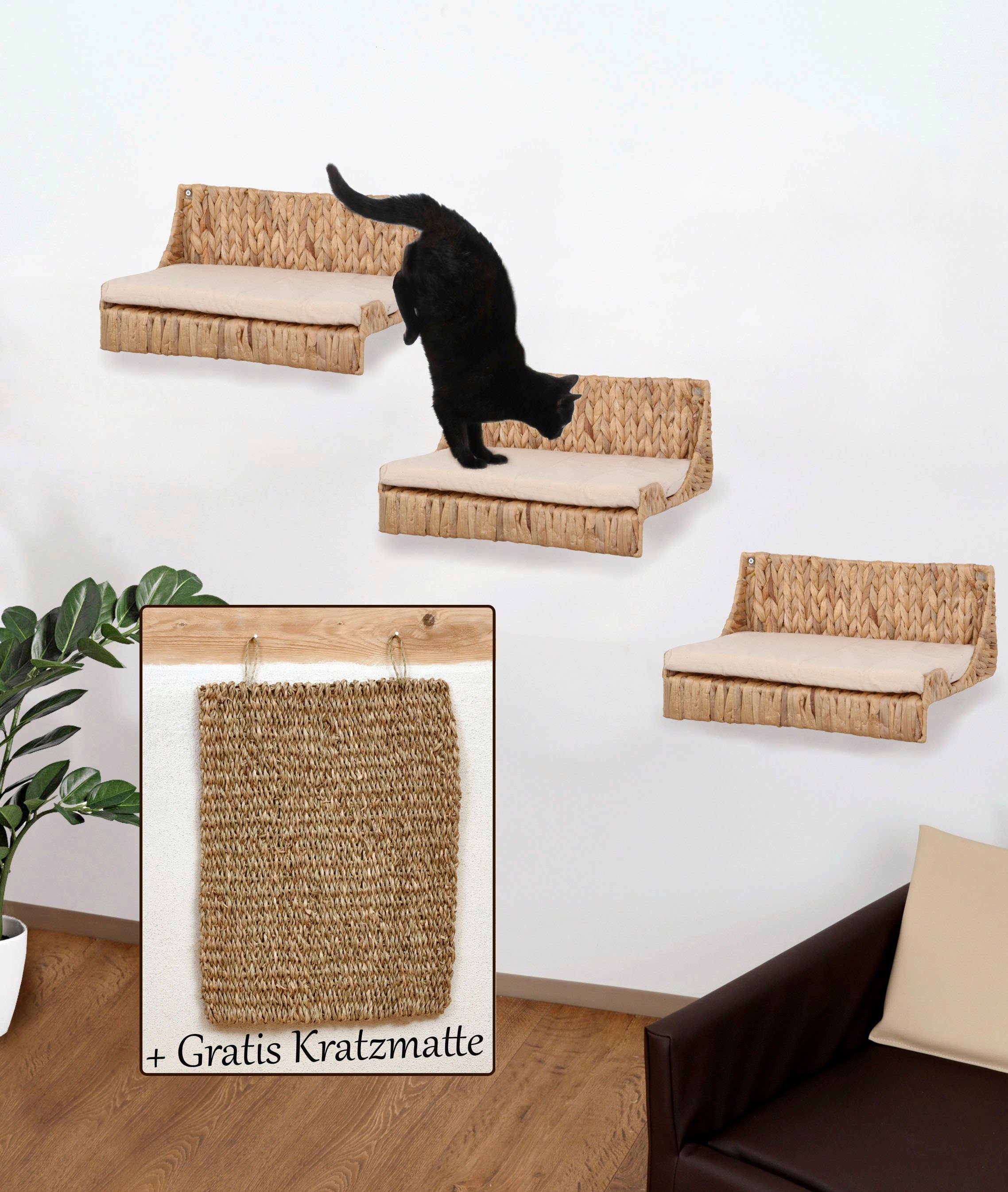 ABUKI Katzen-Wandregal Fenja, LxBxH: 40x25x15 cm, Kissenbezug aus Baumwolle, gratis Kratzmatte
