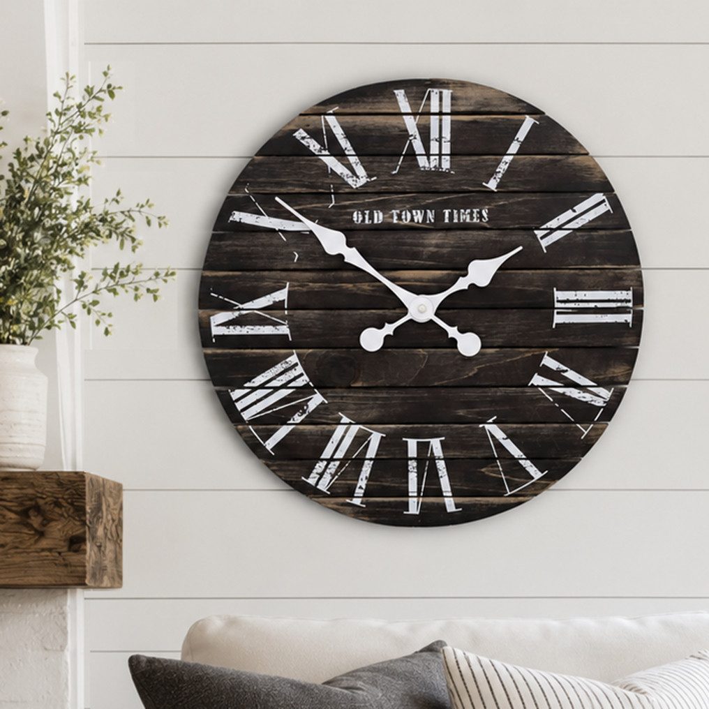 K&L Wall Art Wanduhr XL Landhaus Uhr schwarz Wanduhr aus Holz 45cm große Holzuhr (lautloses Uhrwerk ohne Ticken)