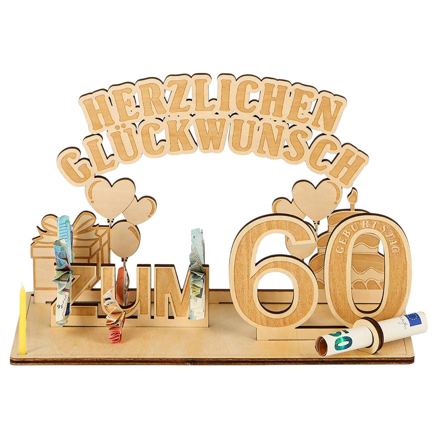 Refttenw Dekoobjekt Geldgeschenke Geburtstag mit LED Lichterkette, Geldgeschenke Deko Holz, Geschenkideen zum 60 Geburtstag