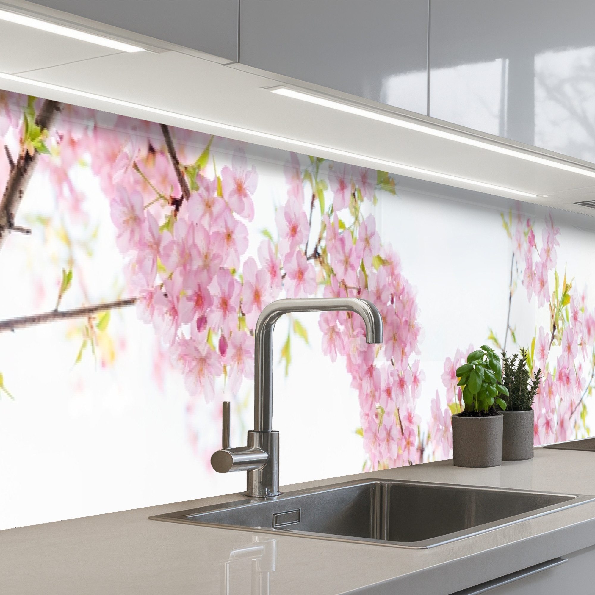 KitchenYeah Küchenrückwand selbstklebend (keine Folie) Kirschblüte - Rosa - Blumen - Sakura - Nat, (1-tlg), Spritzschutz, Küche, Rückwand, Küchenwand, Backsplash, 400x60 cm